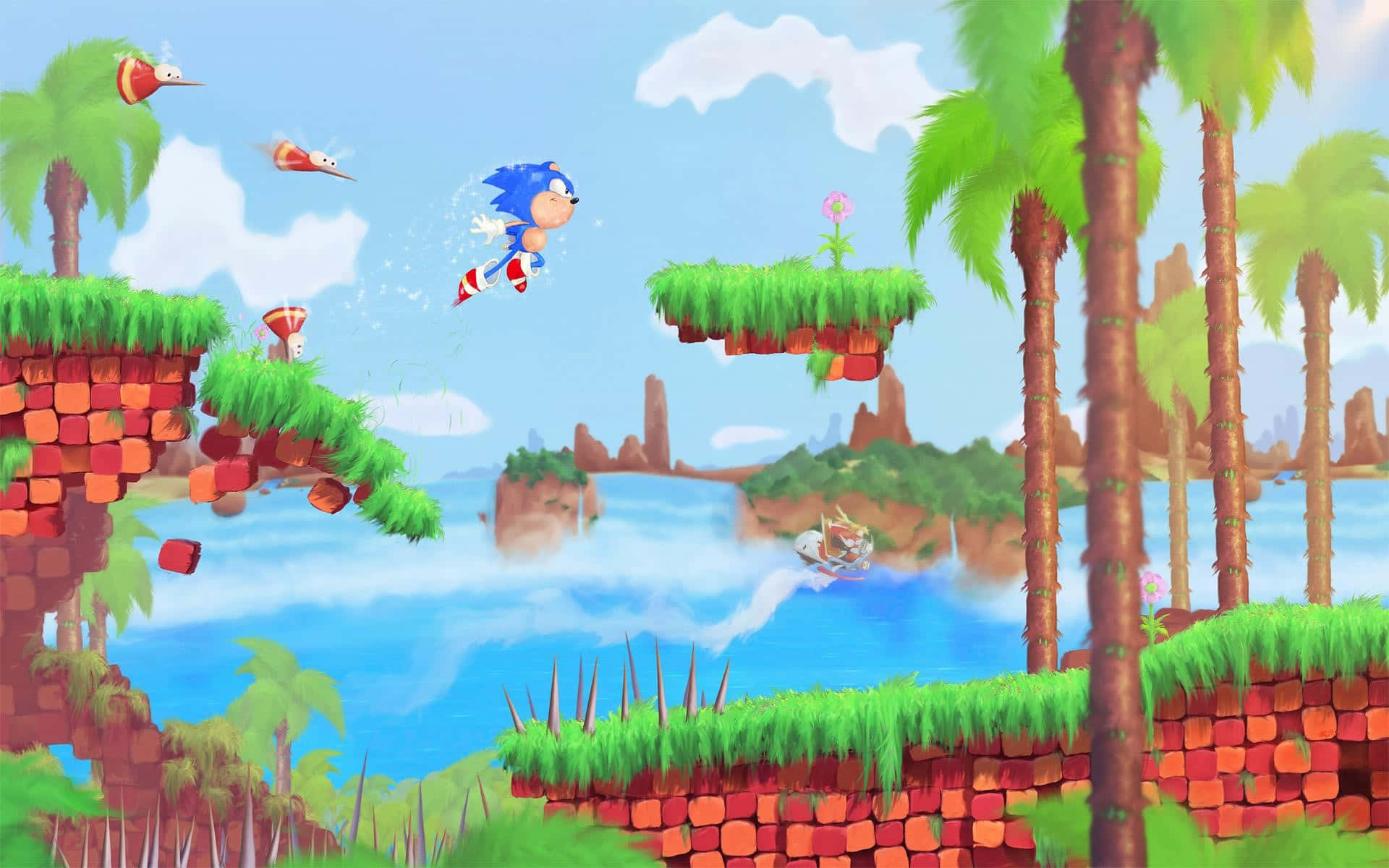 Sonic Cd 桌布 壁紙 — Sonic the Hedgehog 喺明亮藍天下，穿過充滿浮動平台同棕櫚樹嘅活力叢林關卡。