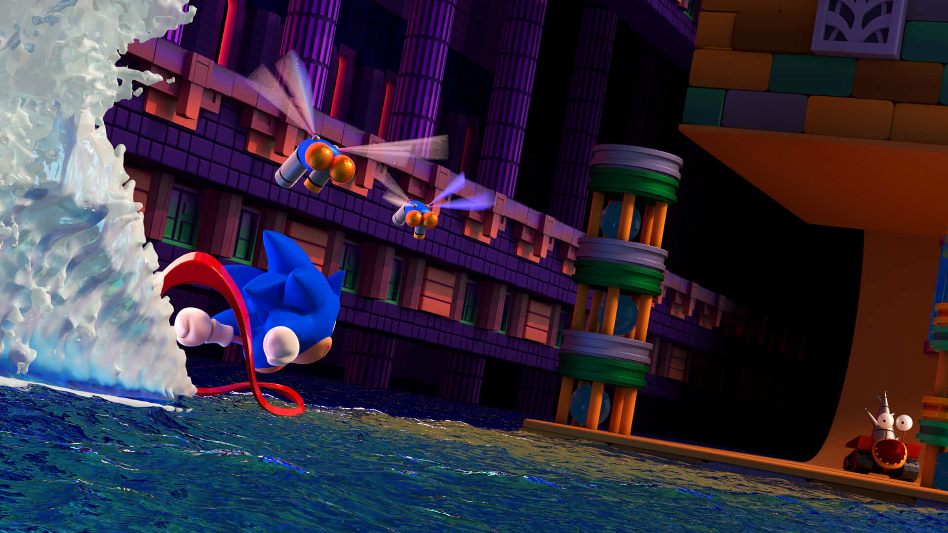 Sonic Hydrocity Zone 桌布 壁紙 — Sonic the Hedgehog 衝過水面，在色彩繽紛的方塊建築物旁留下一道水花痕跡。