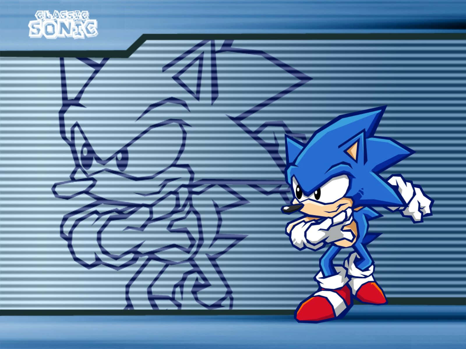  壁紙 — Sonic the Hedgehog 以動感姿態站立在藍色條紋牆前，身後有他自己的草圖。