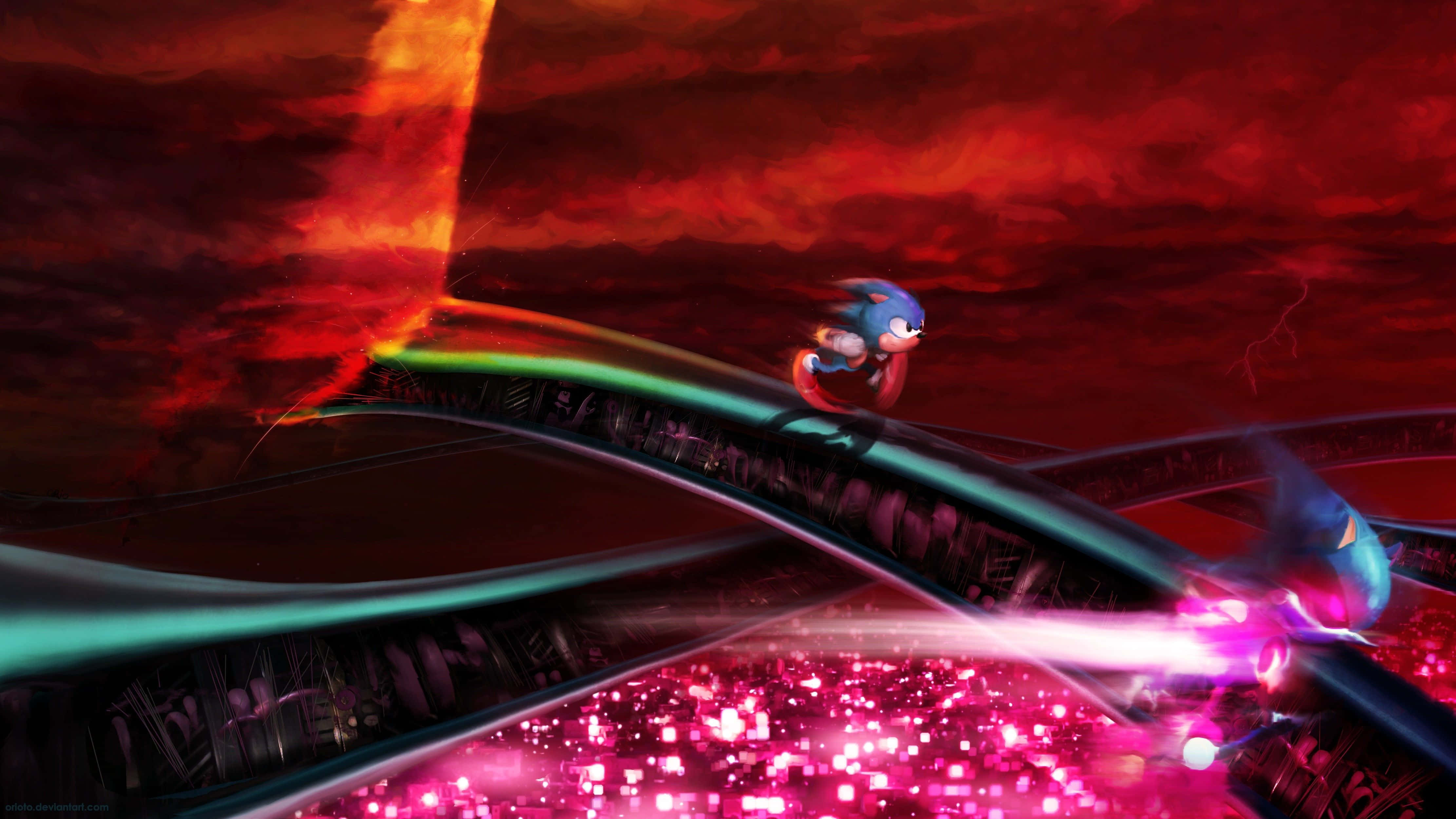 Sonic Cd 桌布 壁紙 — Sonic the Hedgehog 喺發光嘅賽道上奔馳，穿過火紅嘅天空，有閃電同發光嘅城市喺下面。