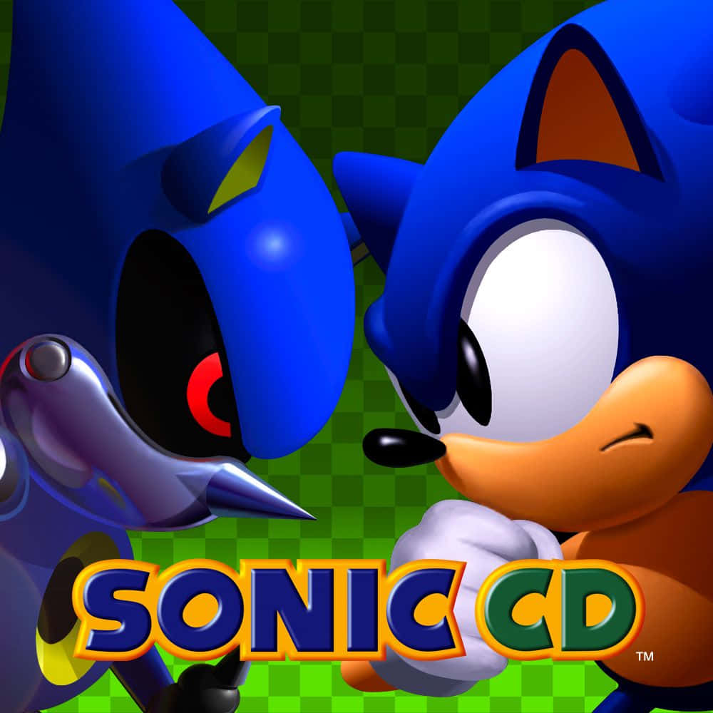 Sonic Cd 桌布 壁紙 — Sonic the Hedgehog 在充滿活力的 3D 渲染遊戲封面中，與他的黑暗分身對決，背景為綠色格子圖案。