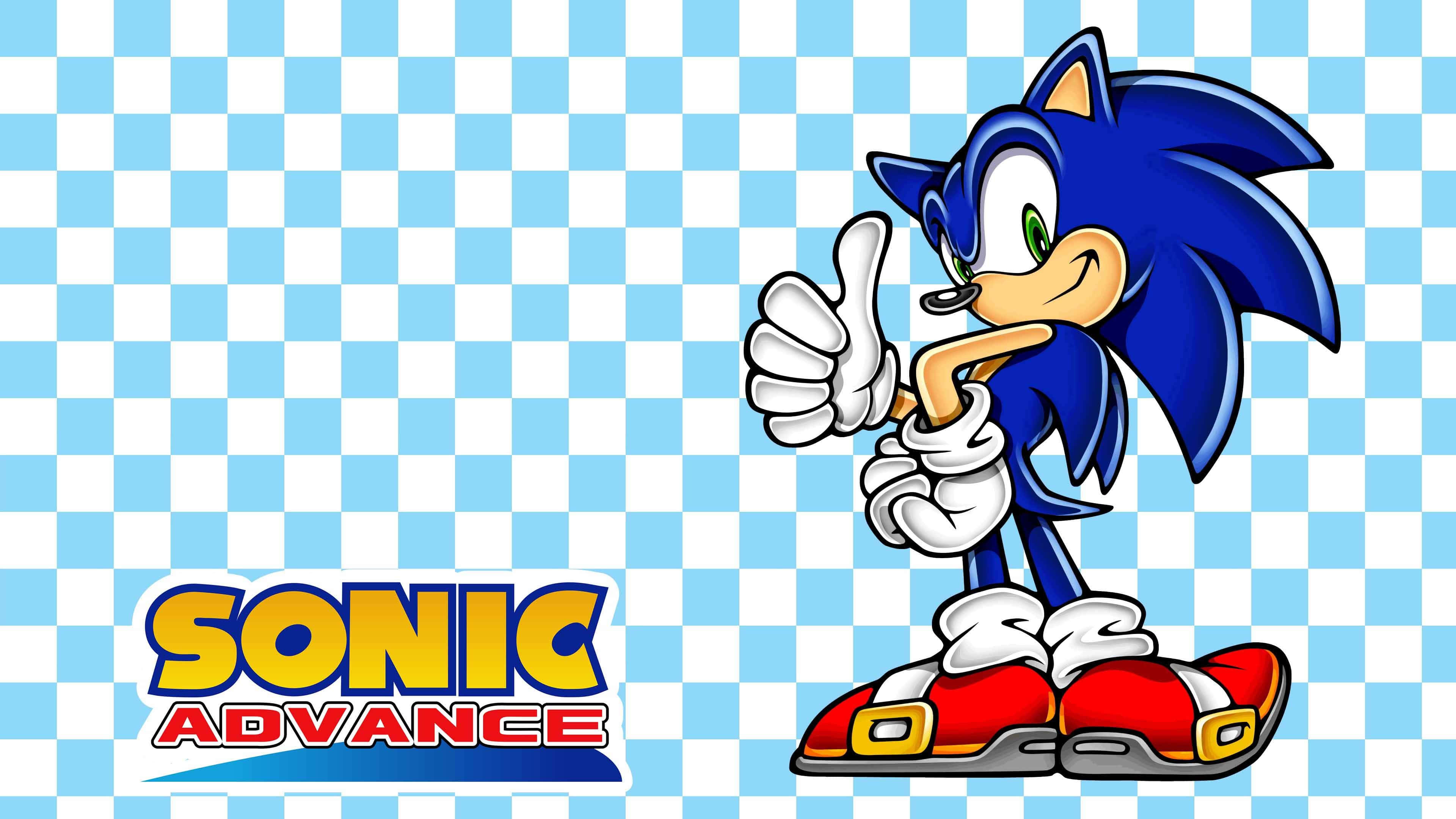 Sonic Logo 桌布 壁紙 — Sonic the Hedgehog 喺藍白格仔背景豎起拇指，帶有 'Sonic Advance' 標誌。