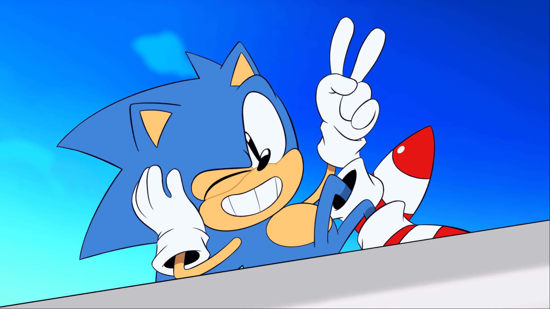 Sonic Adventure HD 桌布 壁紙 — Sonic the Hedgehog 喺明亮藍天下微笑並做出和平手勢。