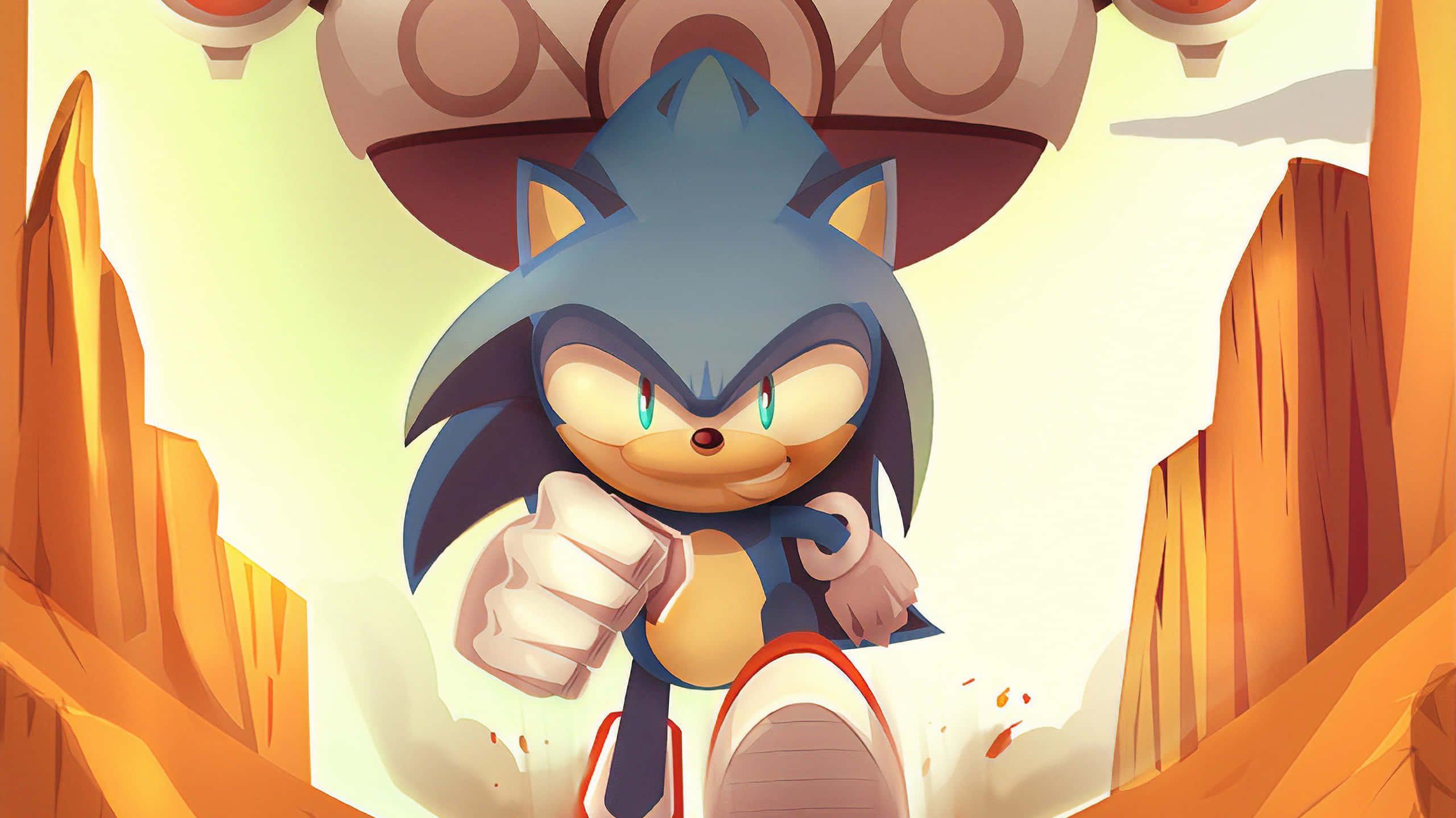 Sonic Art 桌布 壁紙 — Sonic the Hedgehog 喺溫暖嘅天空下，穿過有橙色岩石形成嘅峽谷。