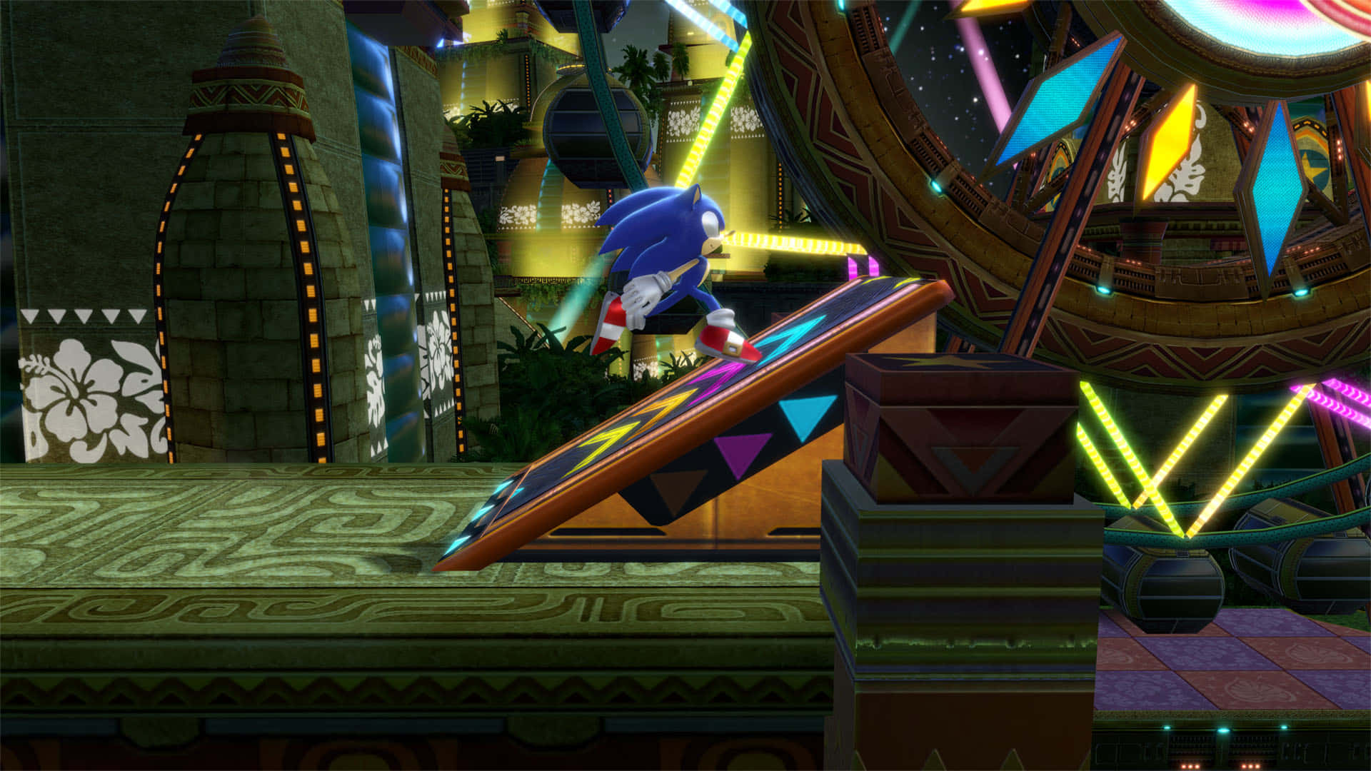 Sonic Planet Wisp 桌布 壁紙 — Sonic the Hedgehog 喺一個充滿霓虹燈、未來感嘅寺廟平台上飛馳，周圍有發光嘅幾何障礙物同熱帶裝飾。