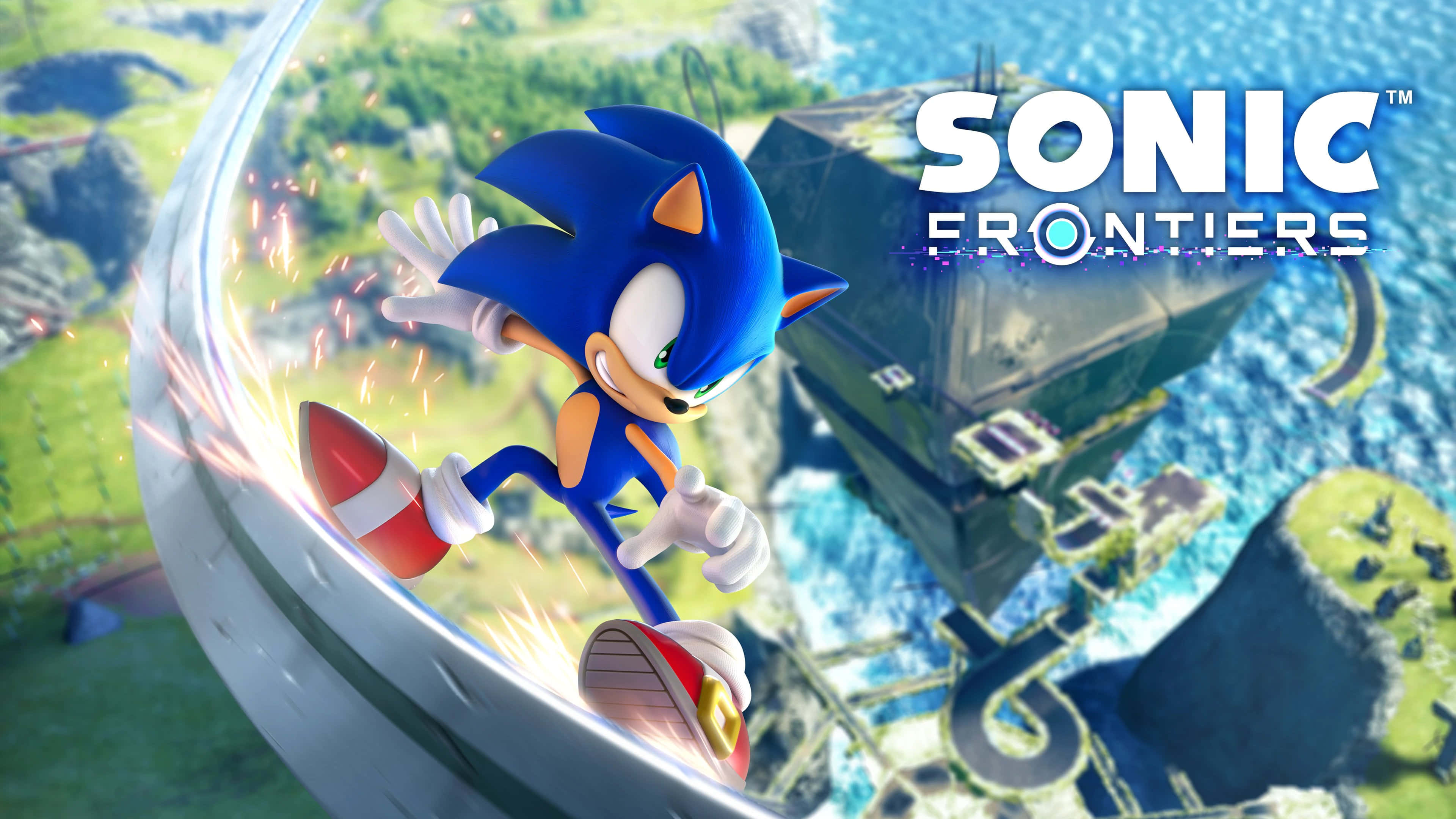 Sonic The Hedgehog Characters 桌布 壁紙 — Sonic the Hedgehog 喺一個彎曲嘅金屬賽道上高速奔馳，下方係充滿活力嘅綠色島嶼風景。