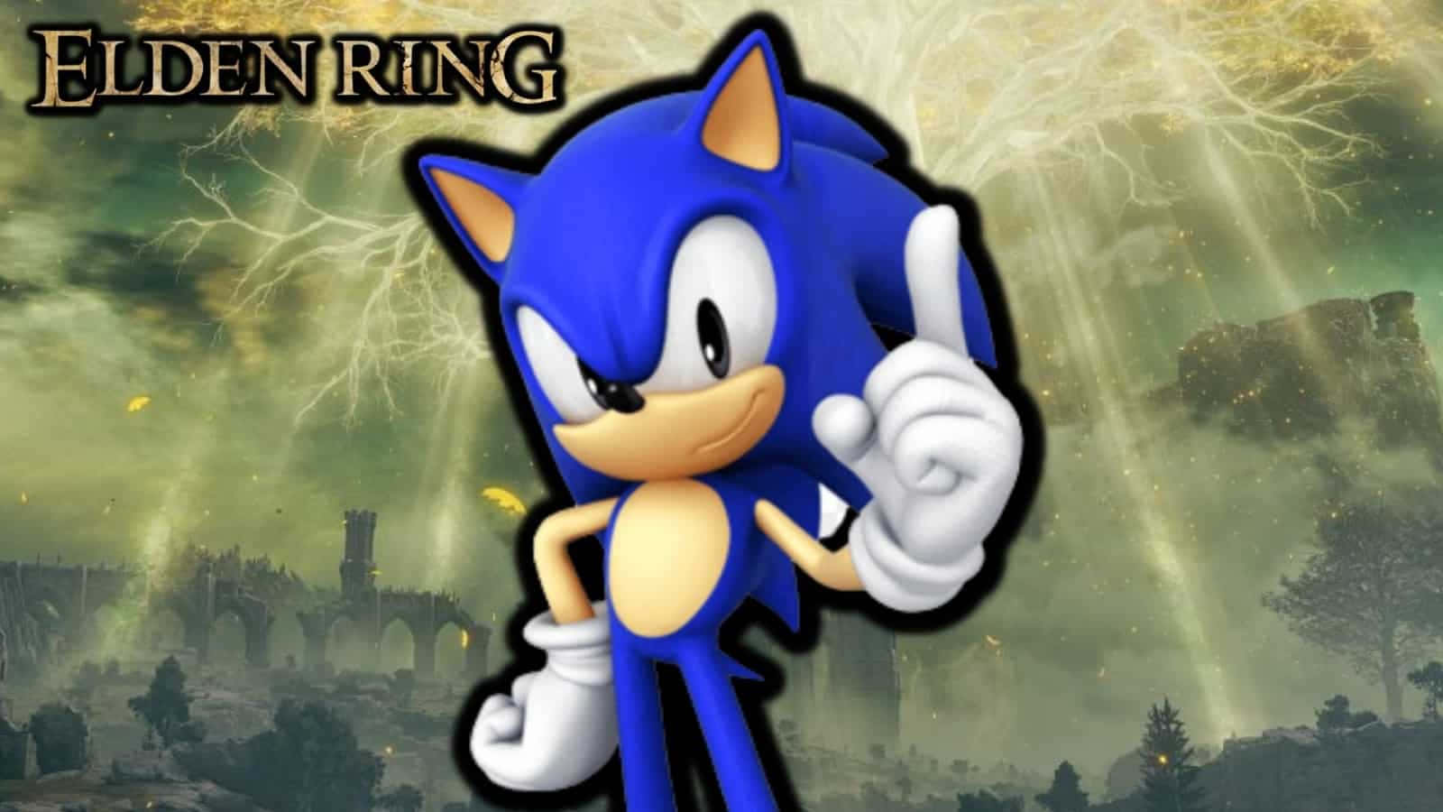  壁紙 — Sonic the Hedgehog 喺有閃電同廢墟嘅暴風雨 Elden Ring 背景下豎起拇指。