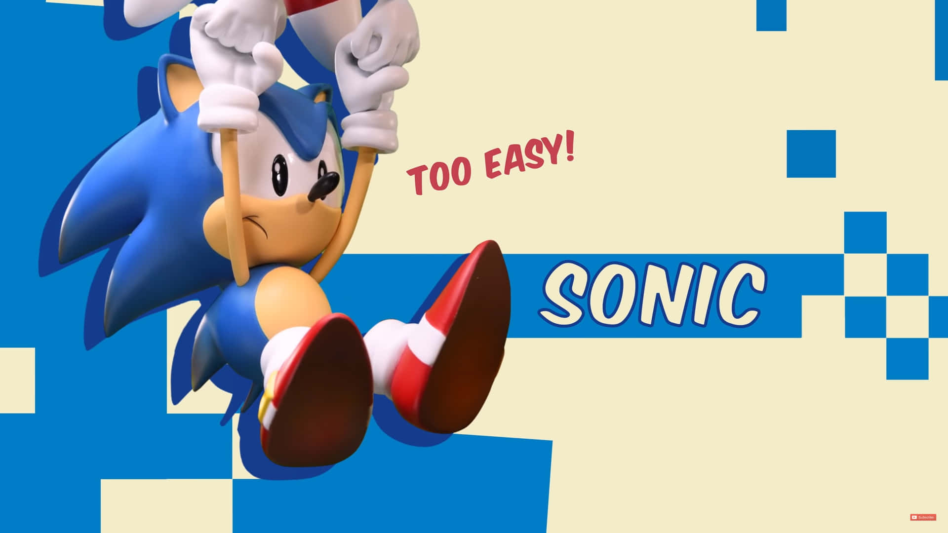 Classic Sonic 桌布 壁紙 — Sonic the Hedgehog 喺藍色同忌廉色格仔背景上半空懸掛，露出得意嘅笑容，仲有『TOO EASY!』字樣。