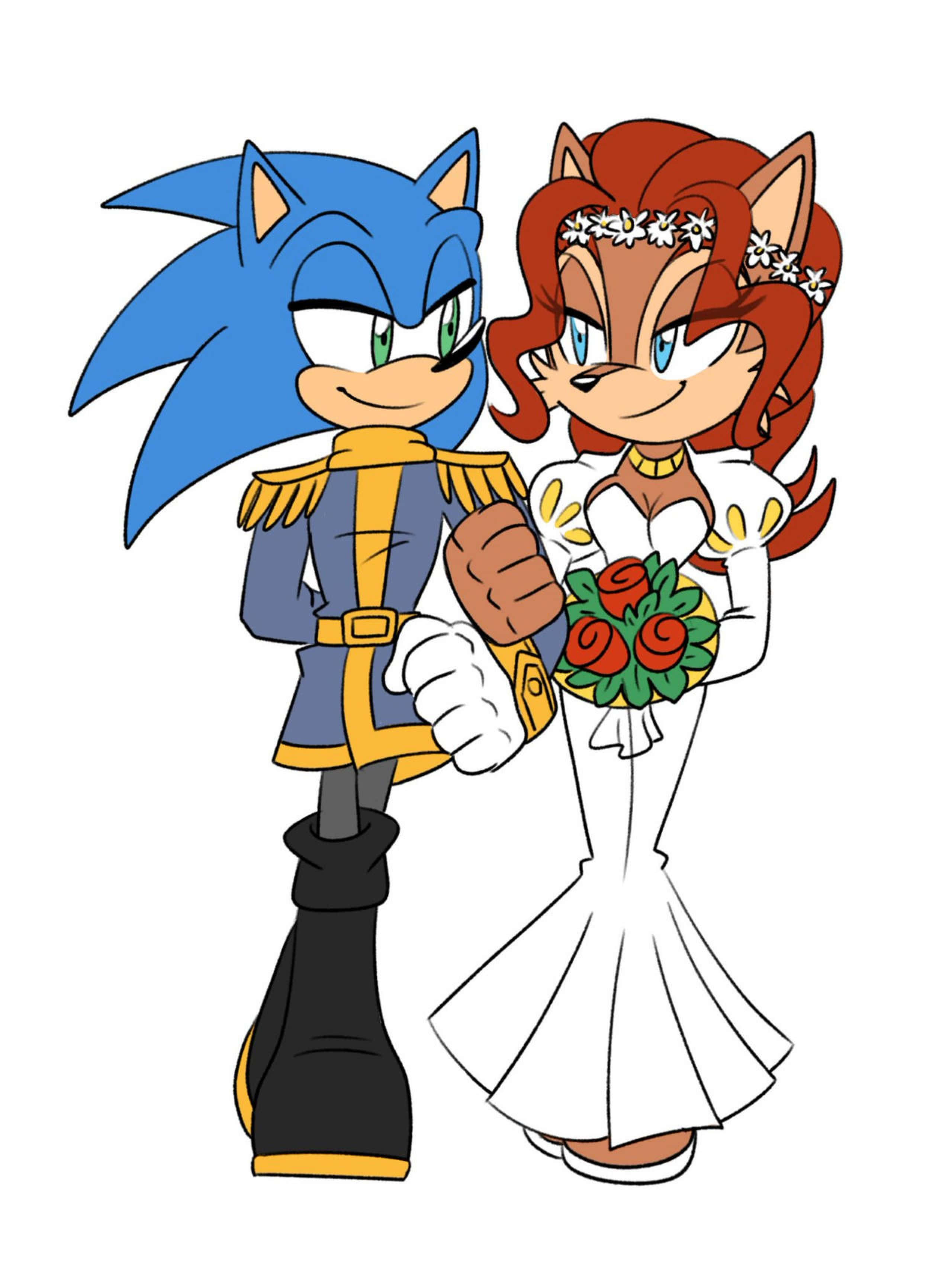 Sonic And Sally 桌布 壁紙 — Sonic the Hedgehog 和 Sally Acorn 穿著婚禮服裝手牽手，手持玫瑰花束。