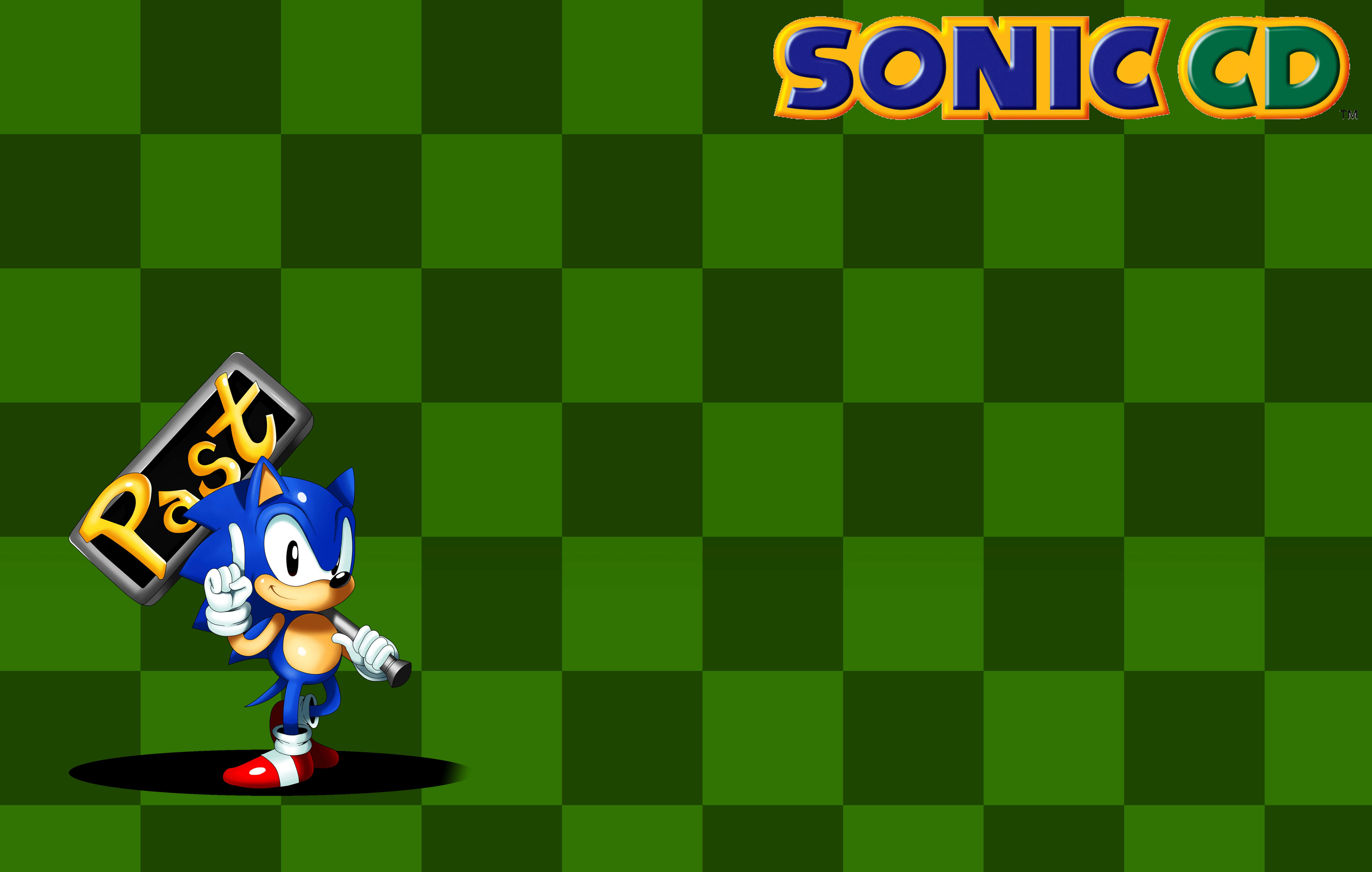 Sonic Cd 桌布 壁紙 — Sonic the Hedgehog 喺綠色格仔背景前舉起一個寫住「Past」嘅牌，上面有「SONIC CD」標誌。