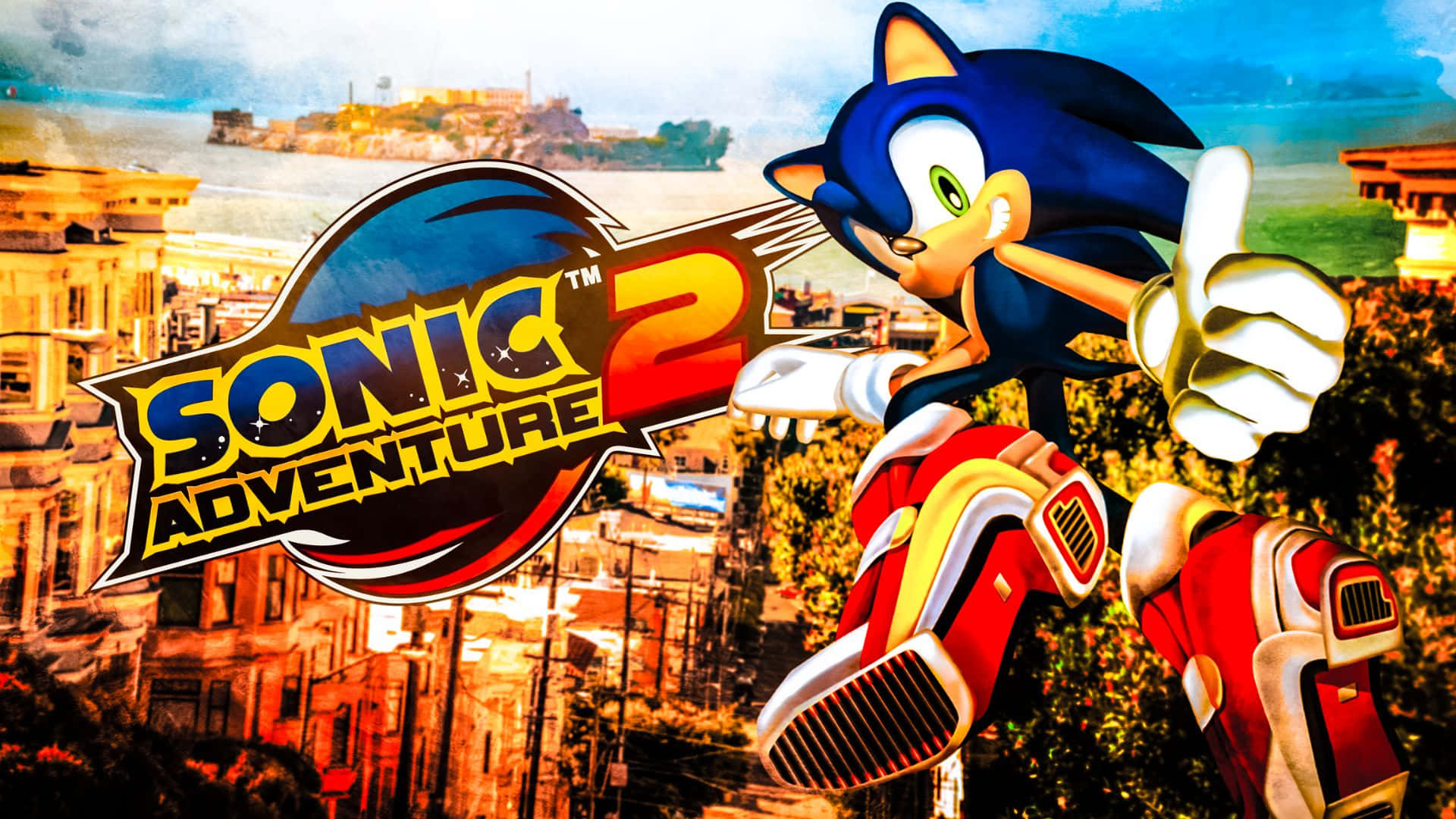  壁紙 — Sonic the Hedgehog 喺充滿活力嘅城市景觀上飛翔，豎起拇指，仲有 Sonic Adventure 2 標誌。
