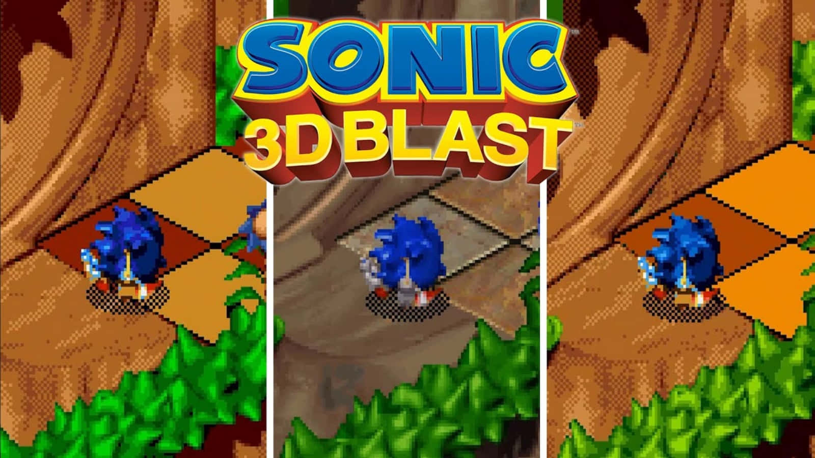 Sonic 3d Blast 桌布 壁紙 — Sonic the Hedgehog 喺 3D Blast 遊戲場景中，像素化嘅藍色刺蝟喺啡色平台上奔跑，周圍係綠色樹葉。