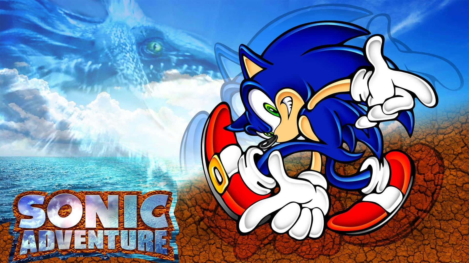 Sonic Adventure HD 桌布 壁紙 — Sonic the Hedgehog 以動感姿態，背景為海洋、天空和一條逼近的龍。