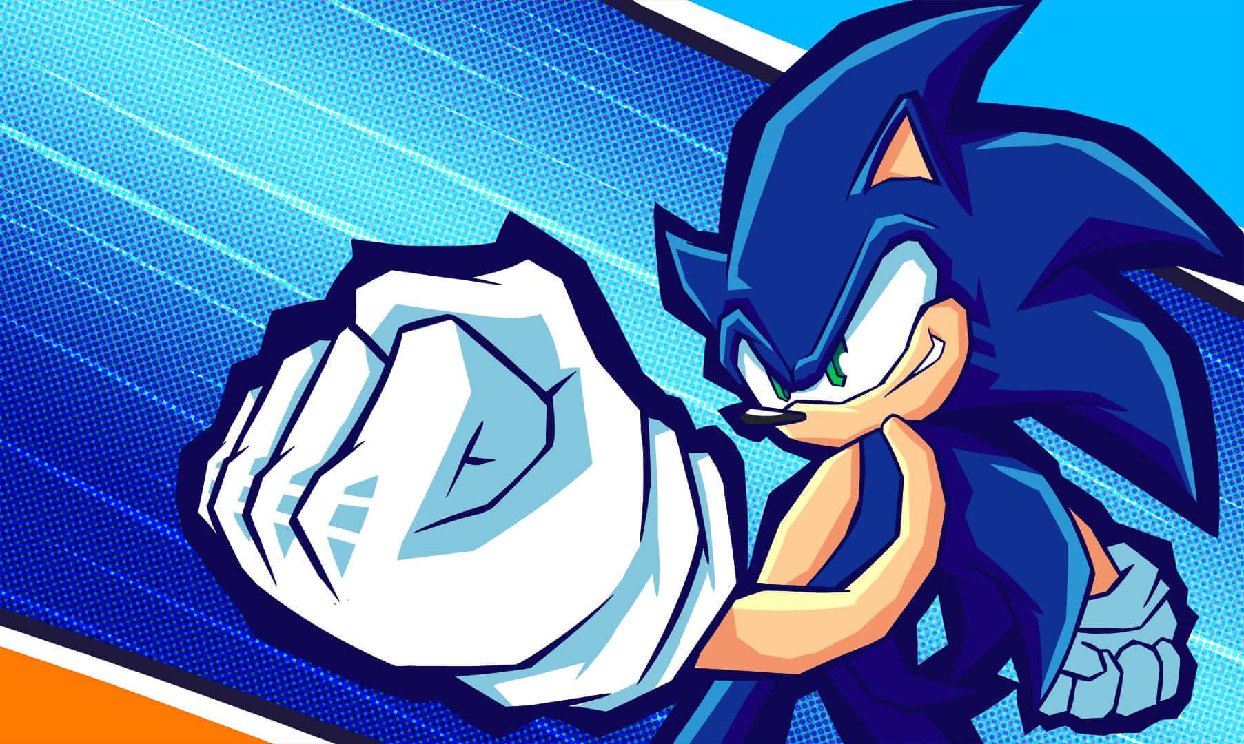  壁紙 — Sonic the Hedgehog 以動態姿勢握緊拳頭，背景為藍色動態模糊效果。