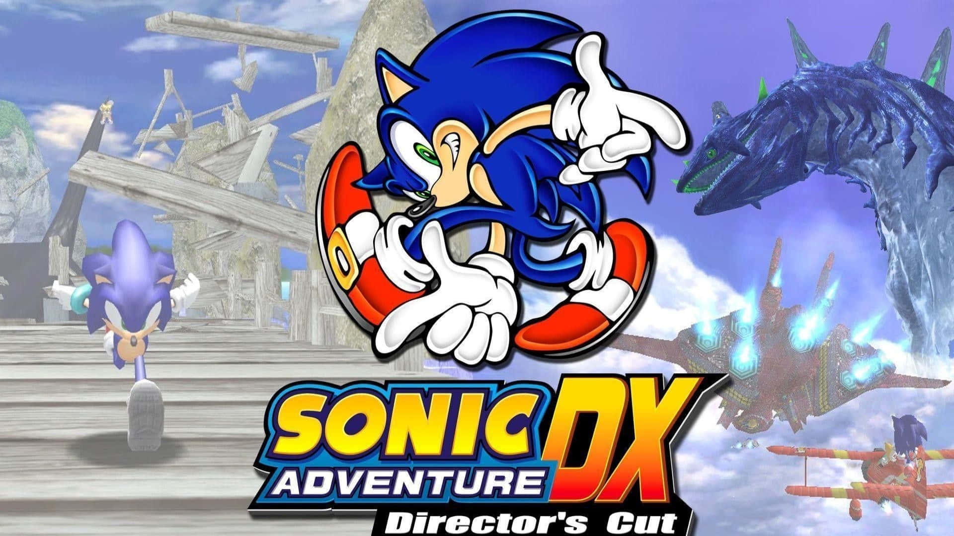 Sonic Adventure HD 桌布 壁紙 — Sonic the Hedgehog 以動感姿態與巨型怪物和飛行載具出現在混亂的遊戲場景中。