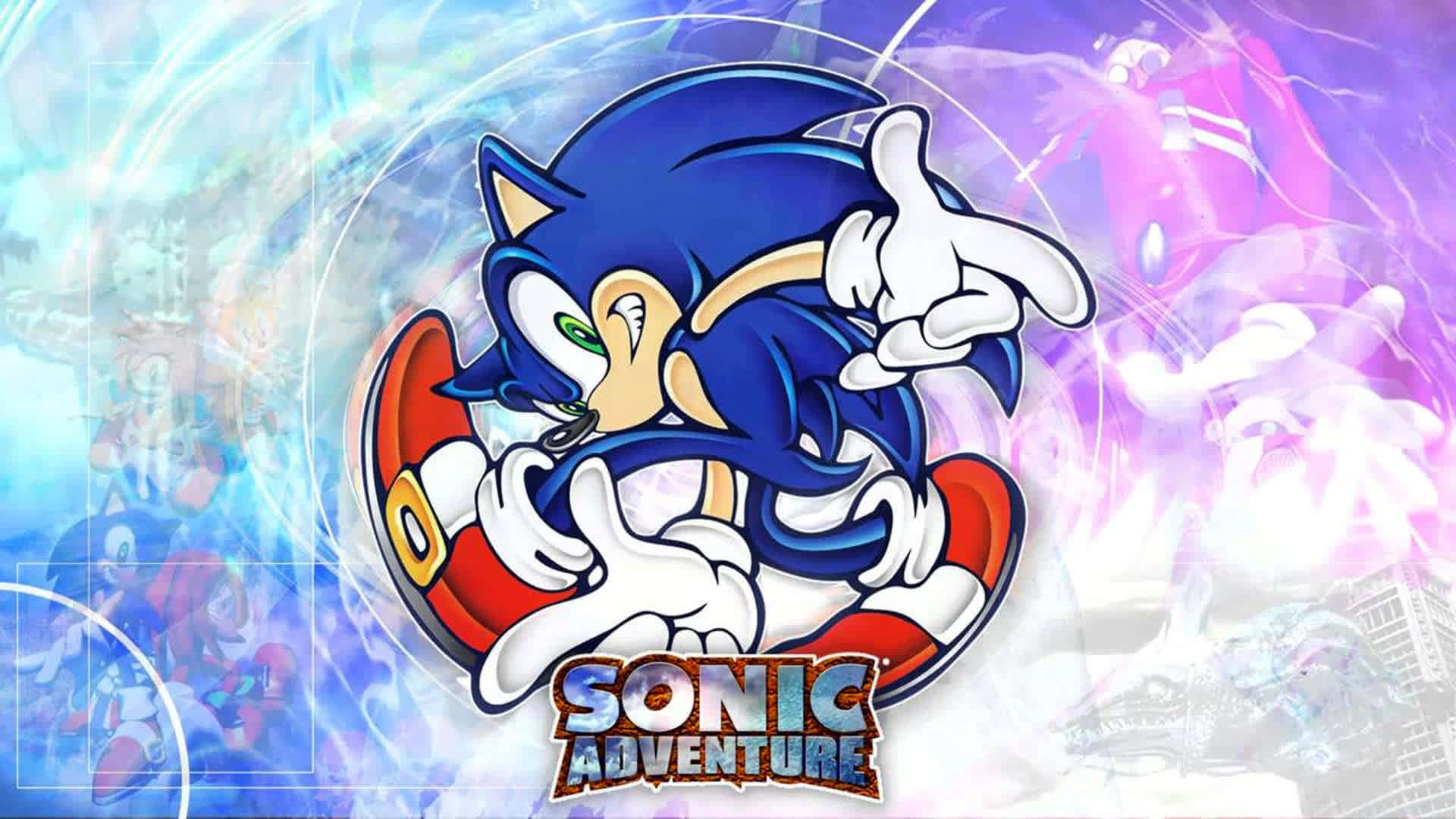 Sonic Fan Art 桌布 壁紙 — Sonic the Hedgehog 以動感姿勢呈現，帶有發光的能量軌跡和遊戲標題文字，背景為鮮豔的抽象圖案。