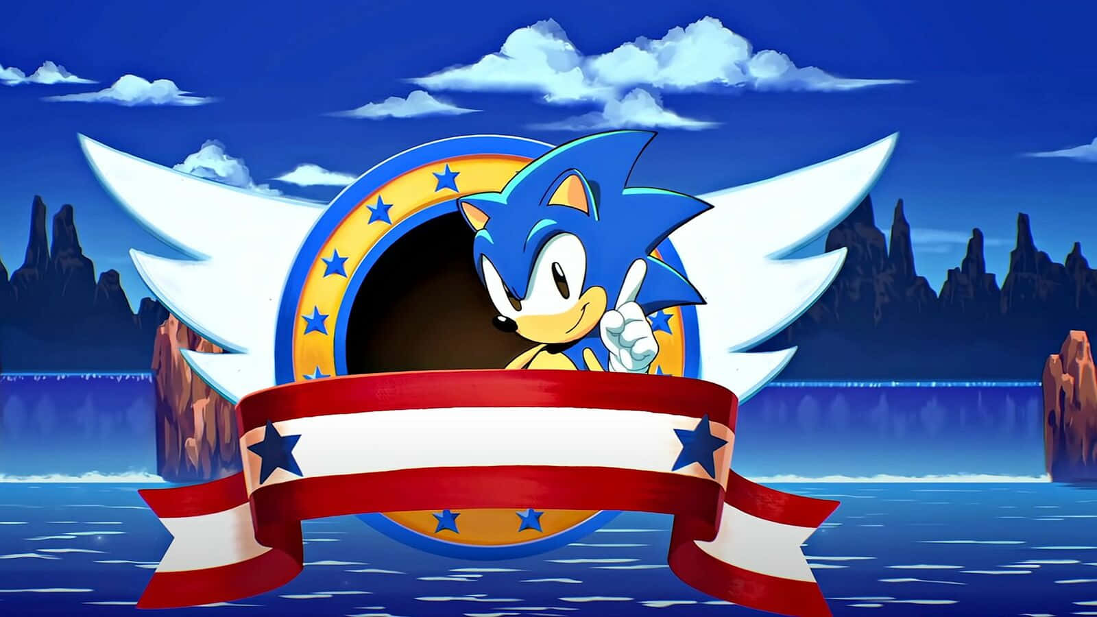 Classic Sonic 桌布 壁紙 — Sonic the Hedgehog 在帶有翅膀和星星的愛國標誌中，背景是藍天和岩石海岸線。