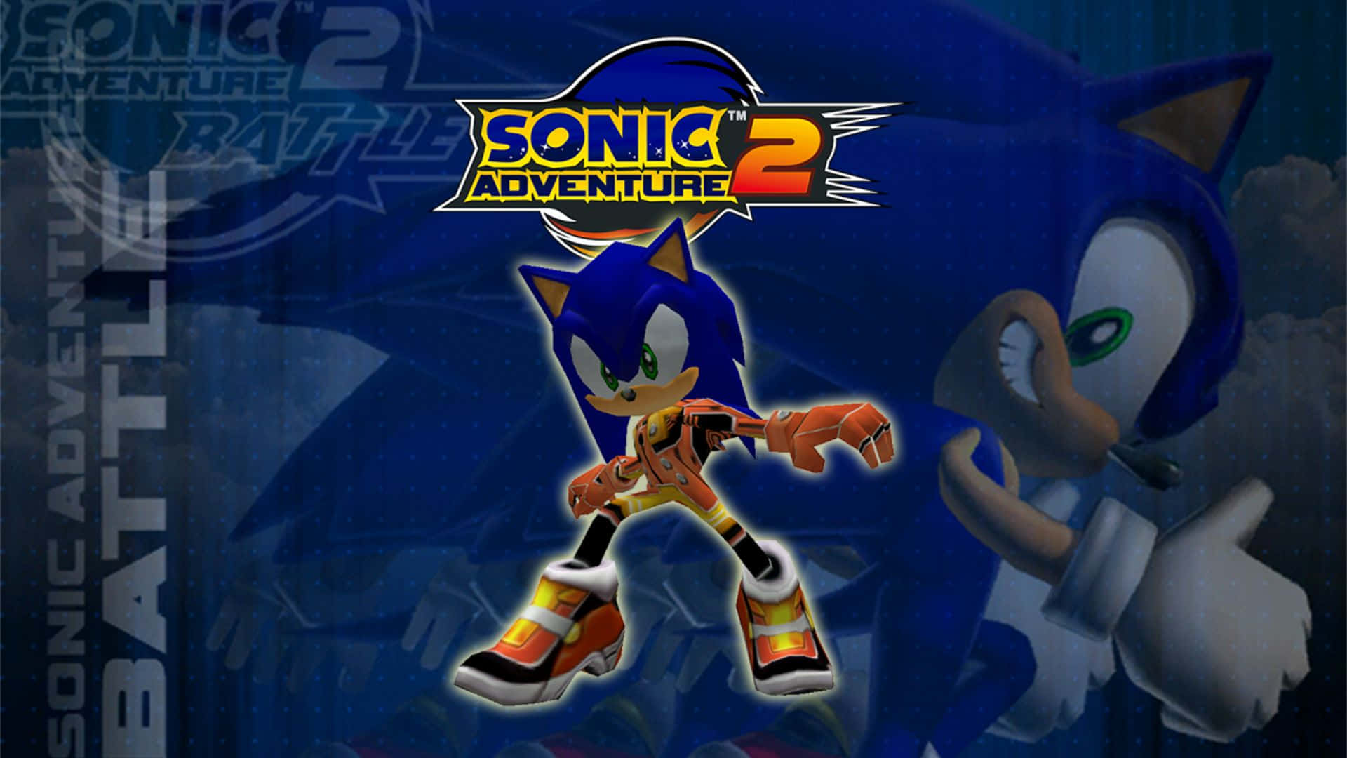  壁紙 — Sonic the Hedgehog 以《Sonic Adventure 2》的戰鬥姿態呈現，背後有遊戲標誌和陰影版本。