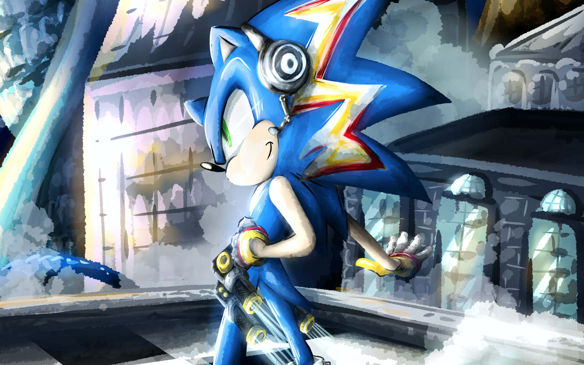 Sonic Art 桌布 壁紙 — Sonic the Hedgehog 身穿藍色和黃色裝備，自信地站在積雪的屋頂上，背景是風格化的城市天際線。