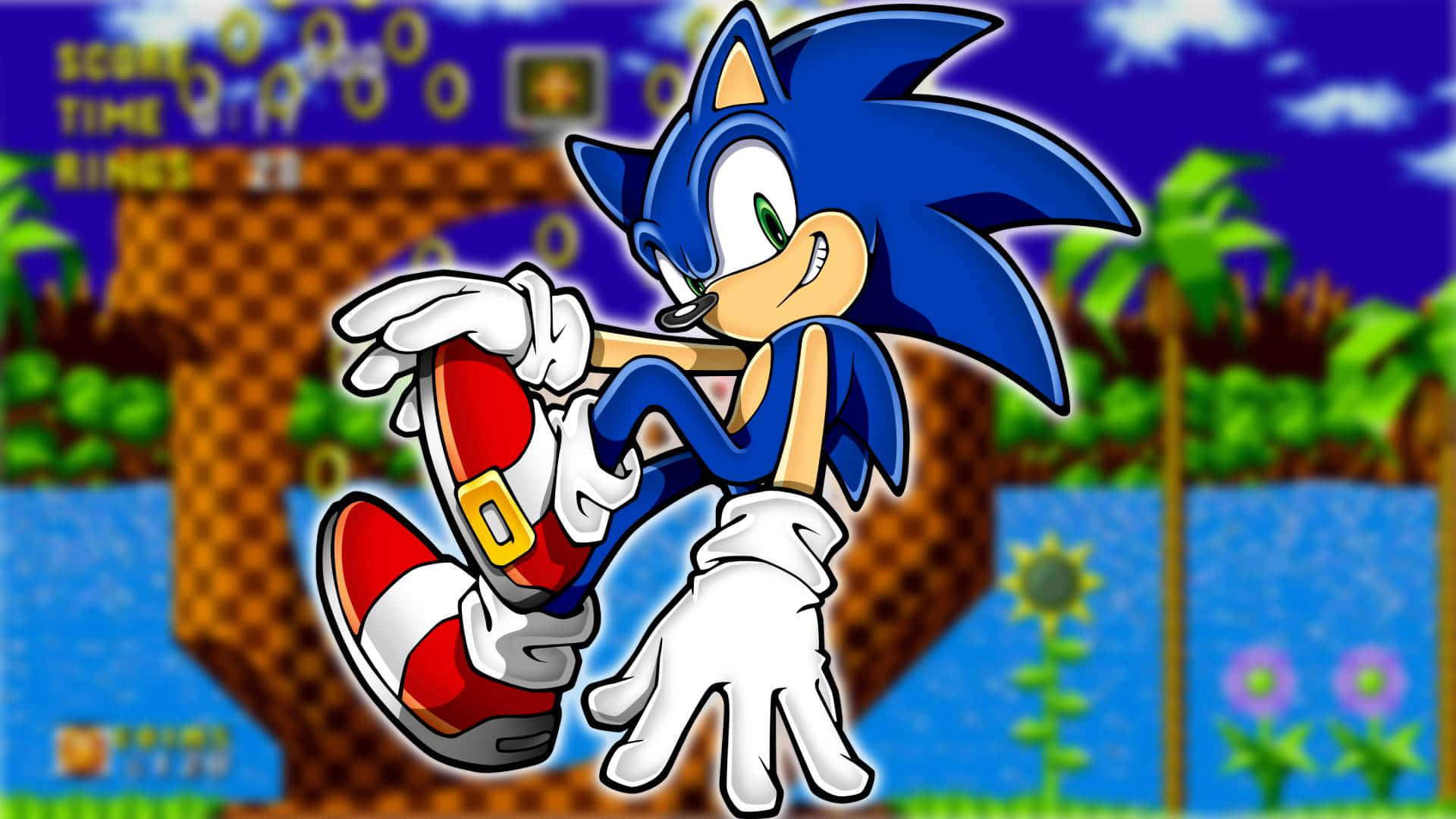 Sonic Characters 桌布 壁紙 — Sonic the Hedgehog 以經典2D遊戲藝術風格，在充滿活力的叢林關卡中奔跑，帶有金環和分數UI。