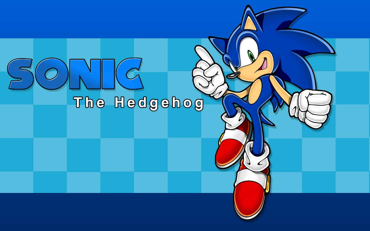 Sonic The Hedgehog Characters 桌布 壁紙 — Sonic the Hedgehog 以經典藍紅姿勢站在藍色格仔背景上，並帶有他的名字標誌。