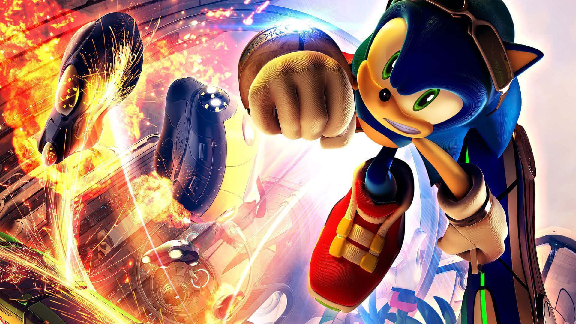Sonic Dash 桌布 壁紙 — Sonic the Hedgehog 以動感十足的動作姿勢，伴隨著熾熱的爆炸和未來感十足的車輛，呈現充滿活力的動態。