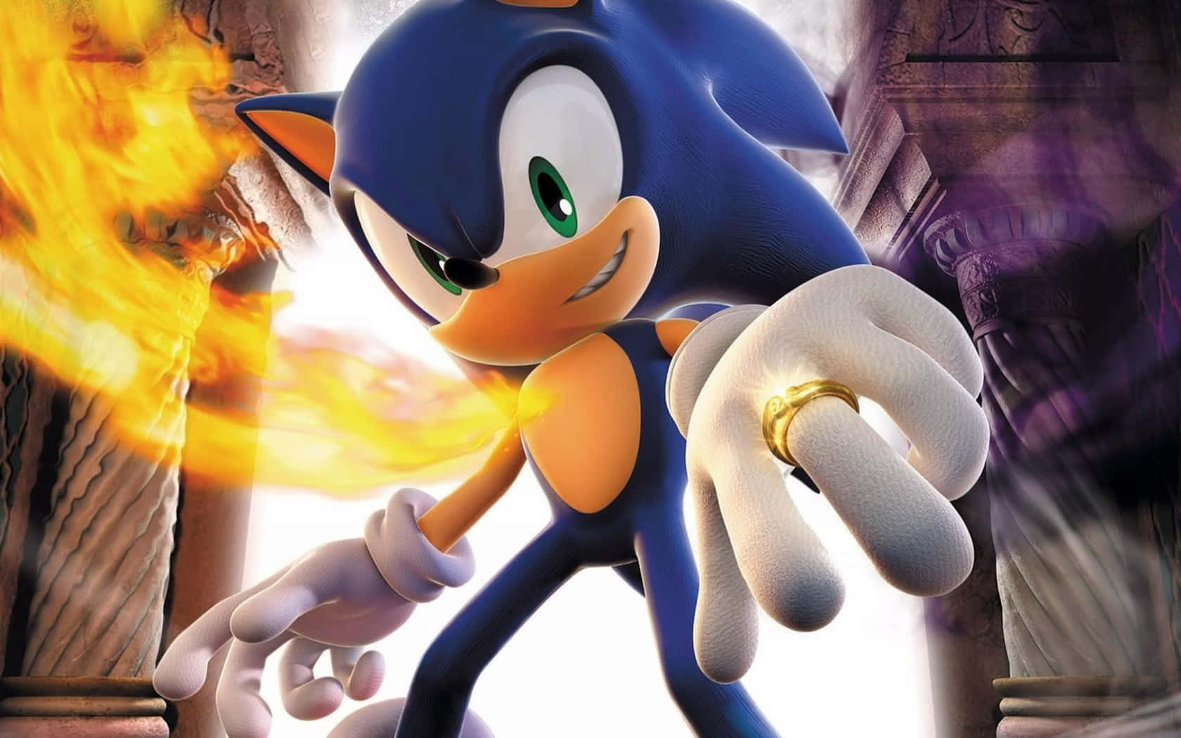 Sonic the Hedgehog 向前衝刺，發出火焰能量爆炸。