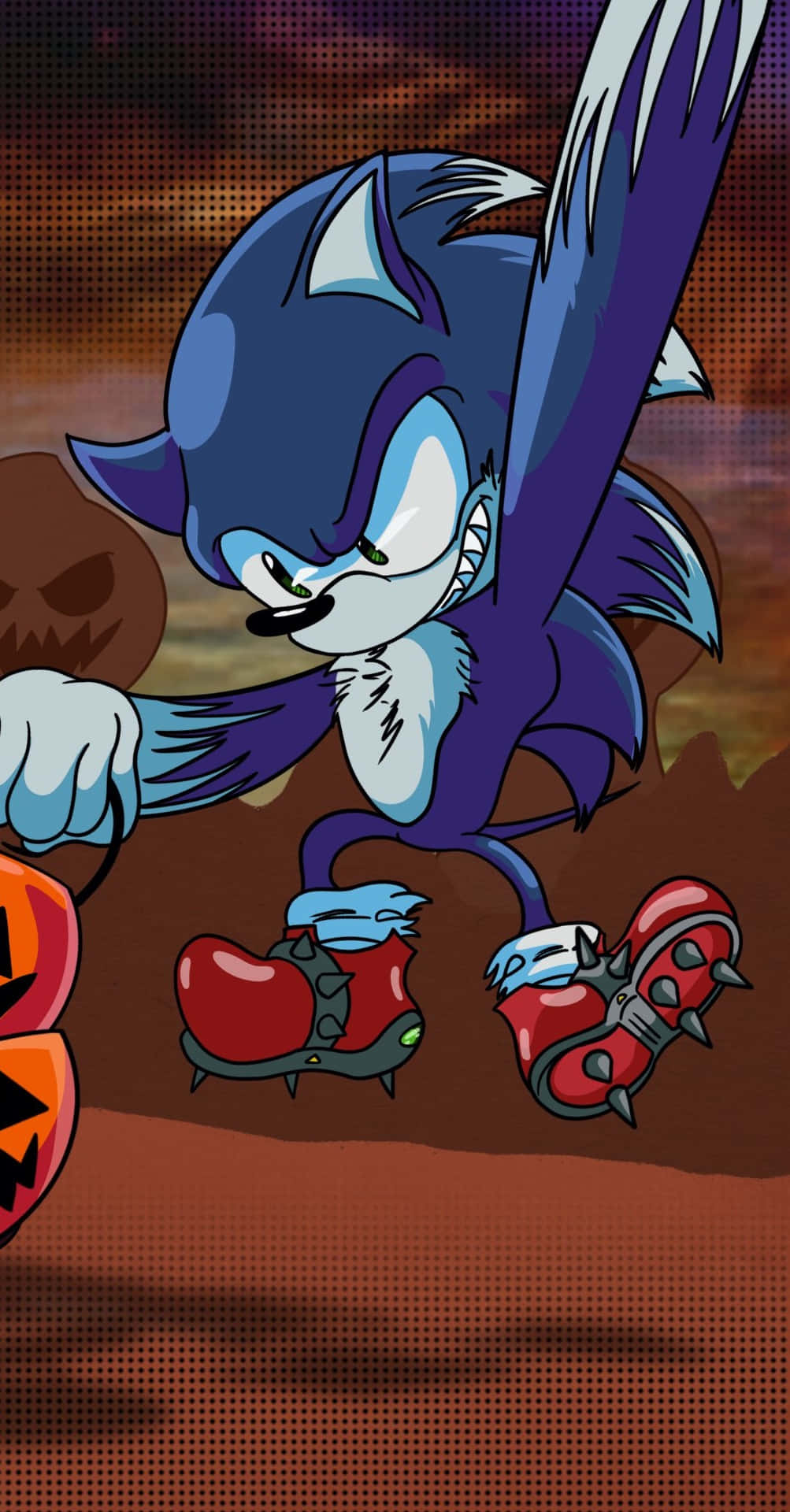  壁紙 — Sonic the Hedgehog 穿著萬聖節裝備，與南瓜燈和蝙蝠一起奔跑，背景是詭異的橙色天空。