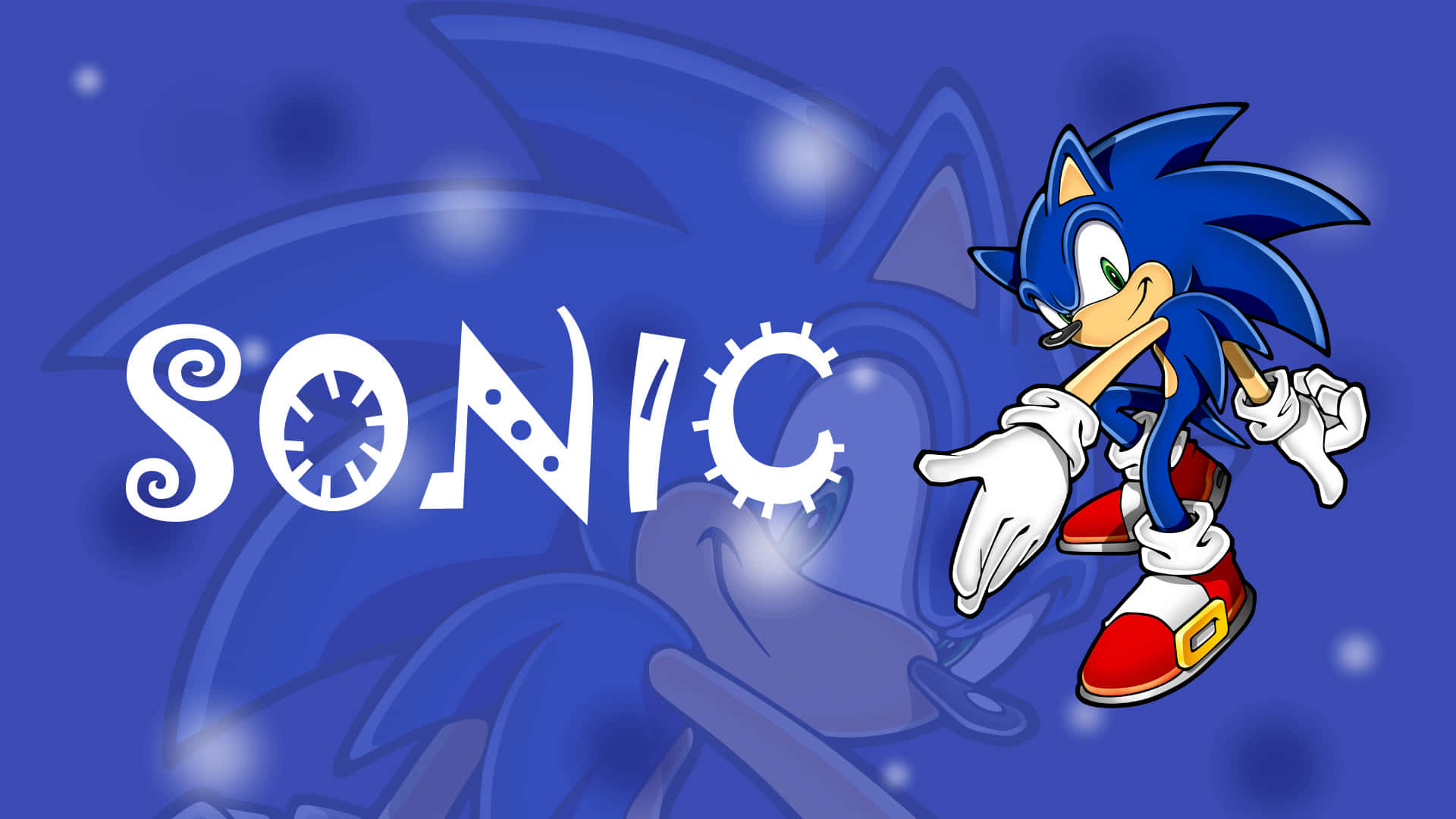 Modern Sonic 桌布 壁紙 — Sonic the Hedgehog 在藍色漸變背景上奔跑，帶有發光粒子，並以風格化的白色字體顯示他的名字。
