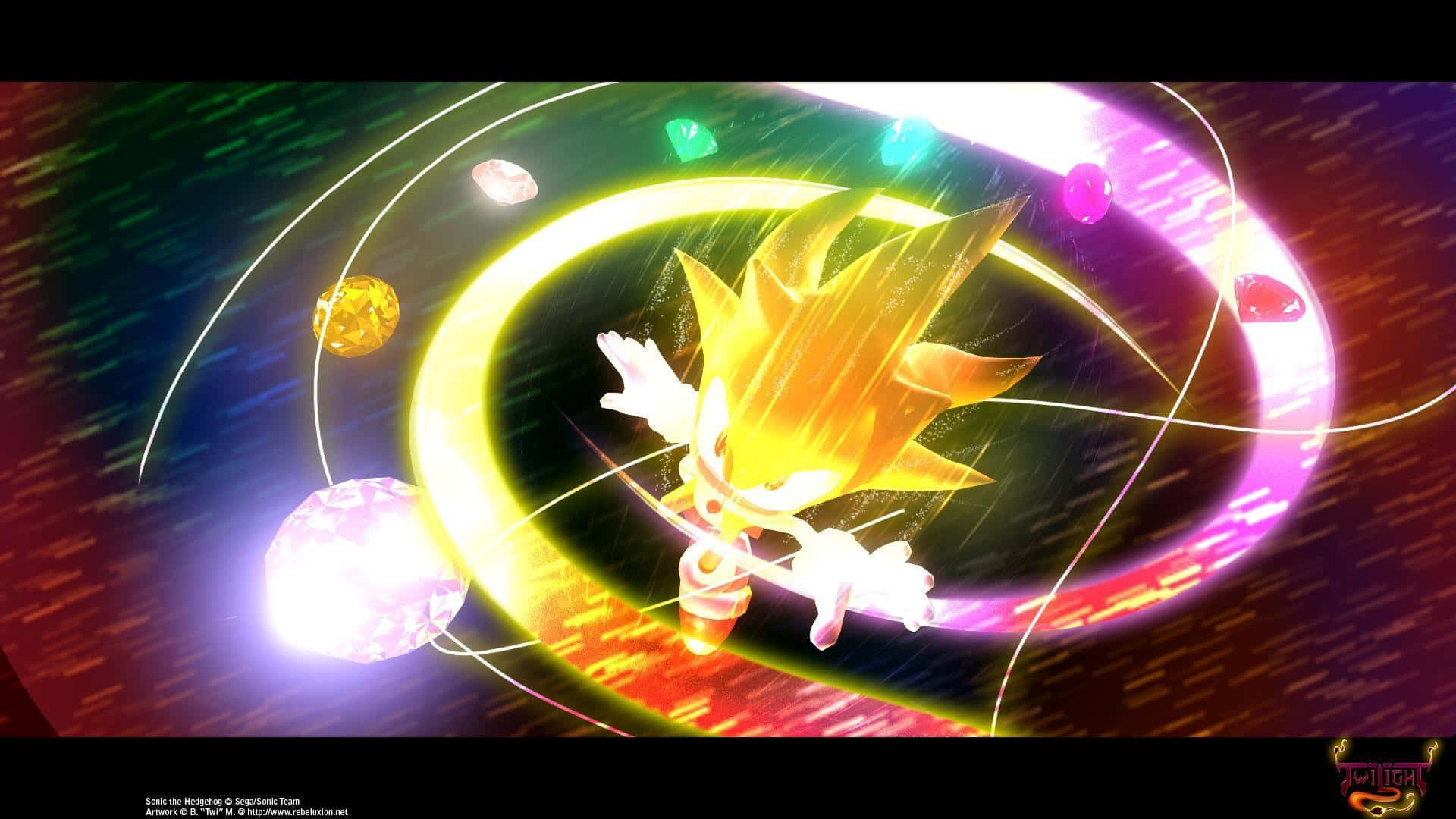 Chaos Emeralds 桌布 壁紙 — Sonic the Hedgehog 以超級索尼克形態衝過一個被發光寶石和光跡包圍的宇宙漩渦。
