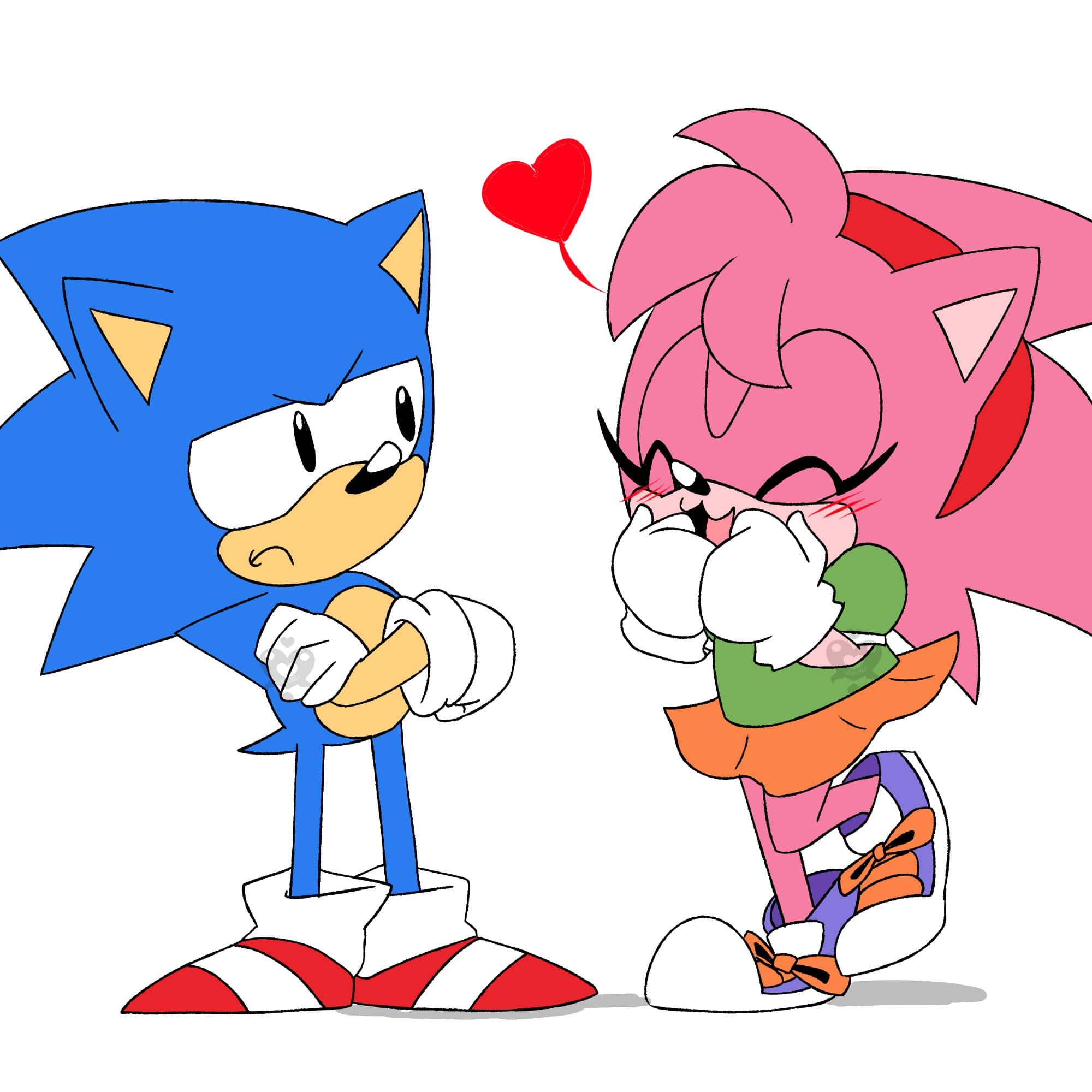 Sonic And Amy 桌布 壁紙 — Sonic the Hedgehog 看起來很惱火，而Amy Rose臉紅並用手捧著臉頰，頭頂上有一個漂浮的心形。