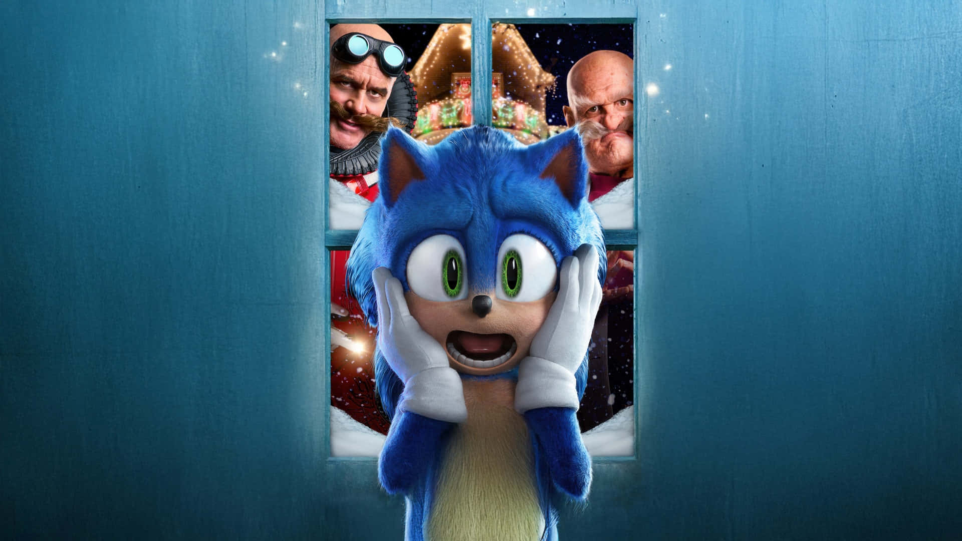  壁紙 — Sonic the Hedgehog 看起來很震驚，雙手放在臉頰上，而兩個戴著護目鏡的光頭男人在他身後透過積雪的窗戶窺視。