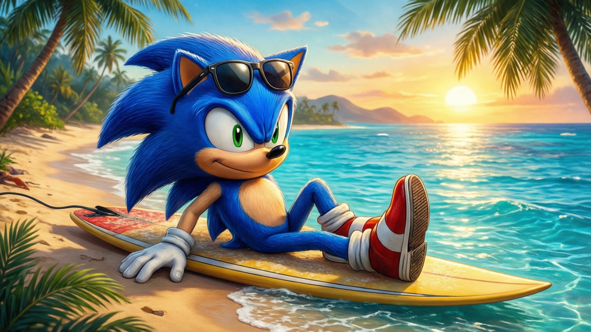 Sonic Prison Lane 桌布 壁紙 — 索尼克在熱帶海灘的衝浪板上休息，夕陽落在棕櫚樹後。
