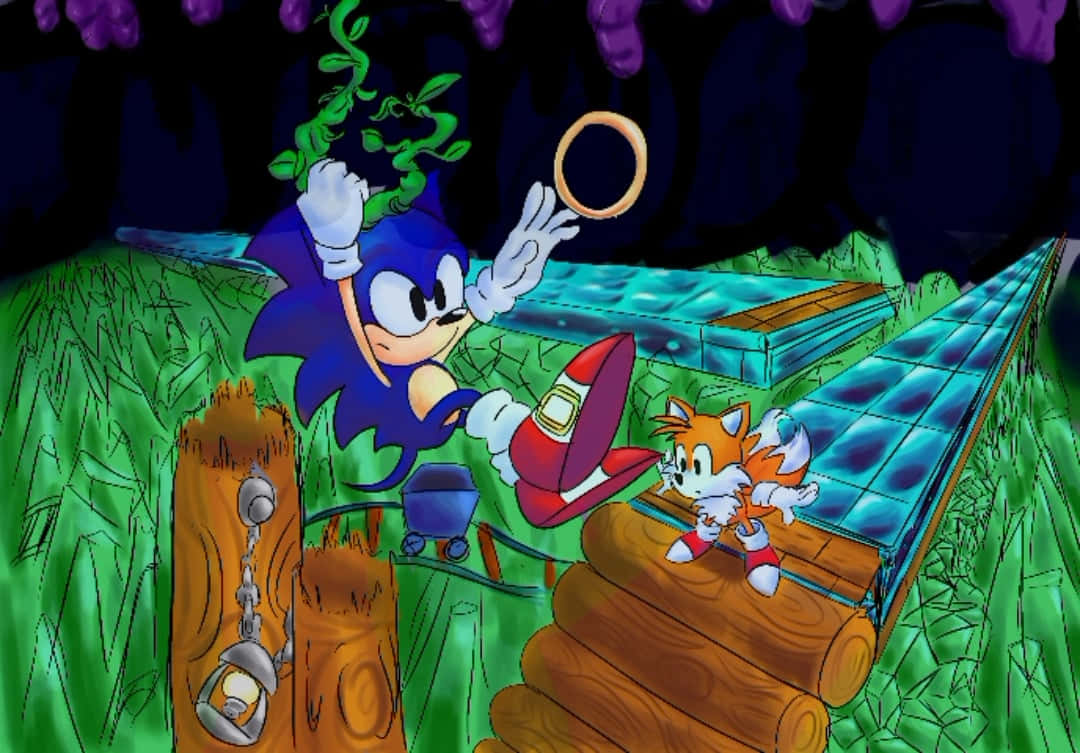  壁紙 — Sonic the Hedgehog 拿著戒指跳過黑暗的叢林，而Tails從木橋上觀看。