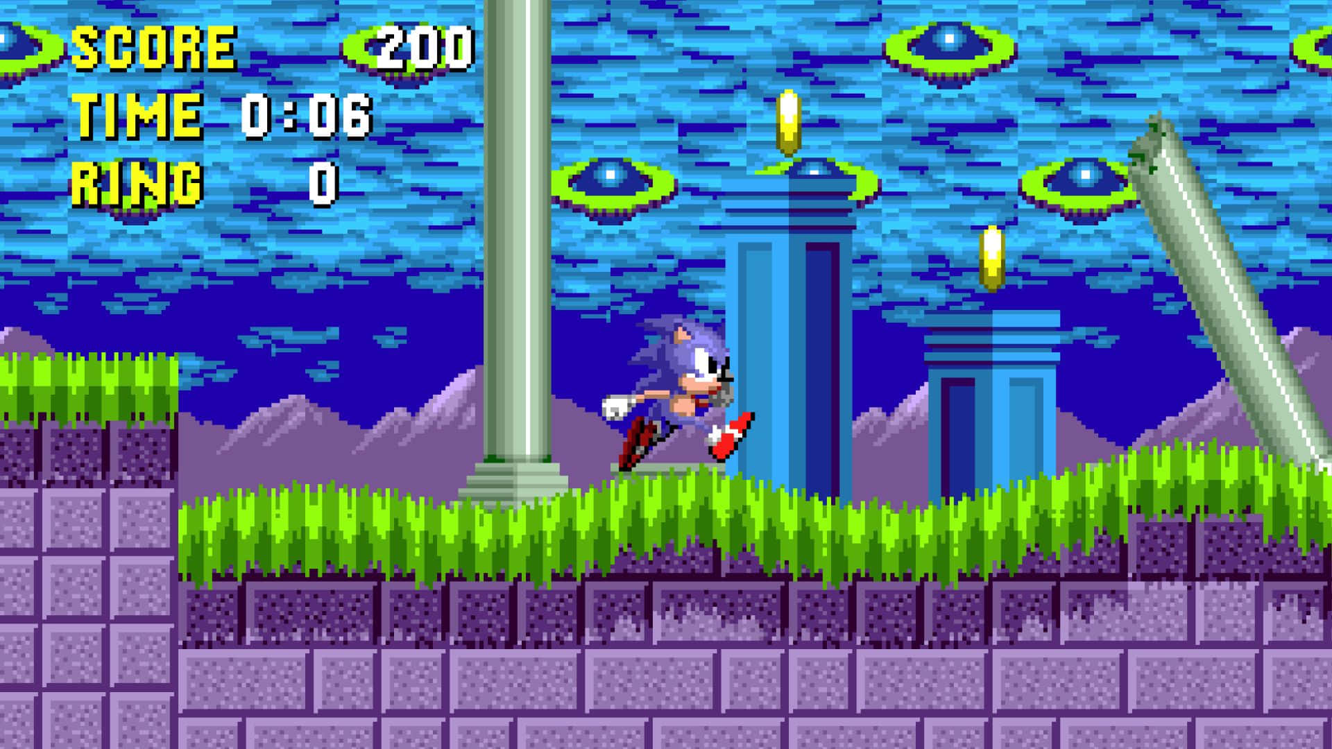 Sonic Spring Yard Zone 桌布 壁紙 — Sonic the Hedgehog 喺一個經典16-bit電子遊戲關卡中，跑過一個像素化綠色平台，有藍色柱同漂浮嘅環。