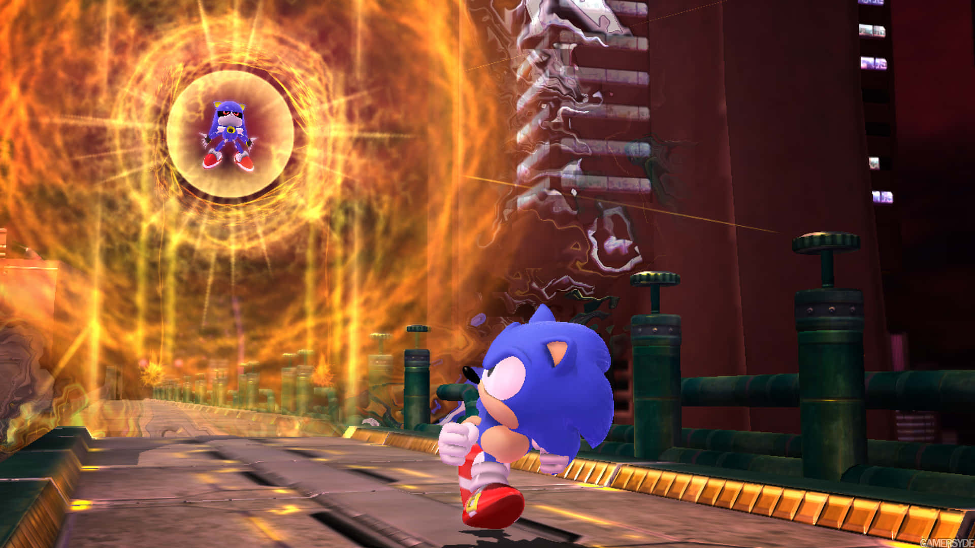  壁紙 — Sonic the Hedgehog 跑過一個燃燒的工業區，一個發光的傳送門帶著一個漂浮的Sonic出現在他身後。
