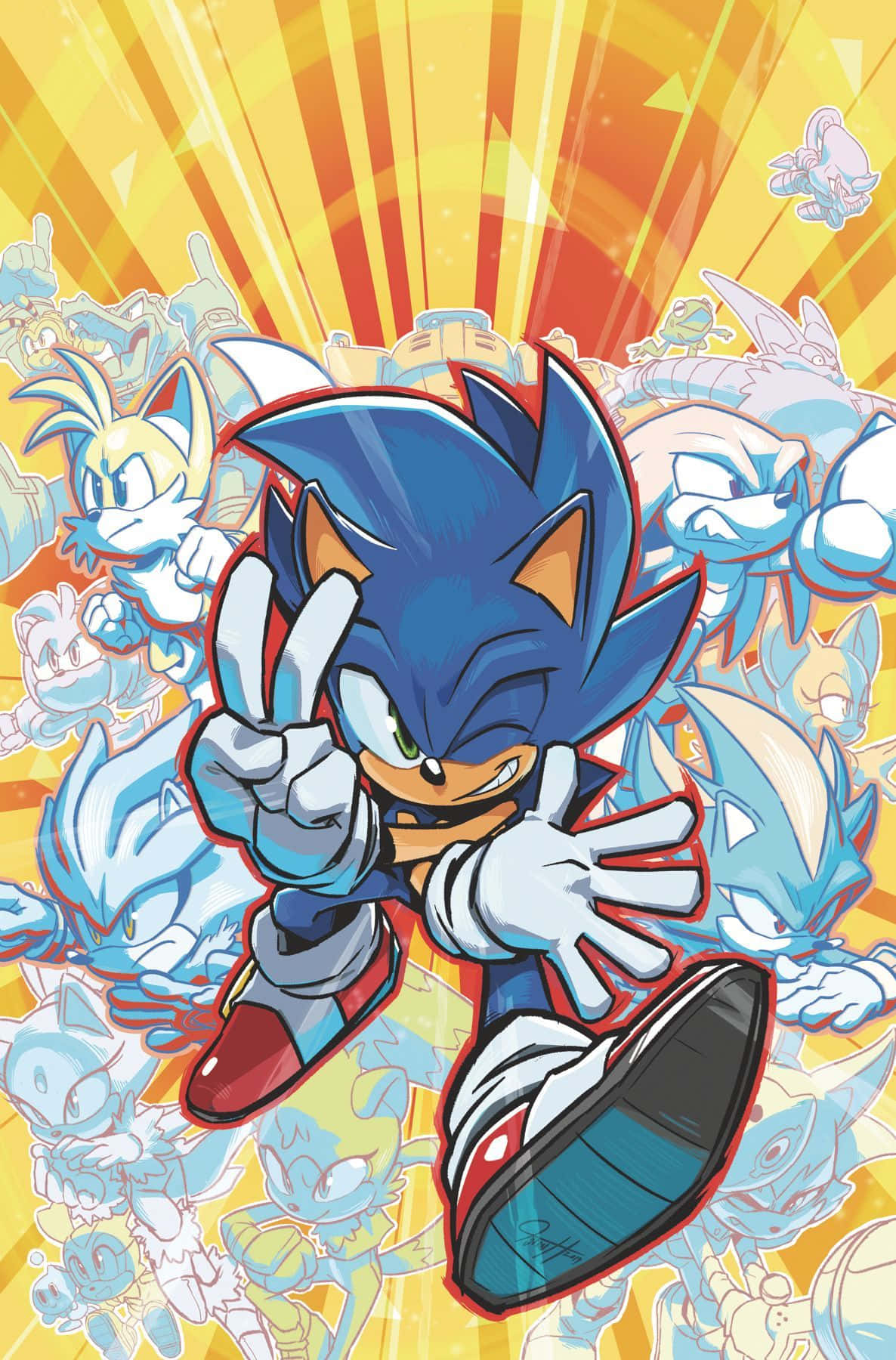 Sonic Fan Art 桌布 壁紙 — Sonic the Hedgehog 在燦爛的黃色和橙色太陽光背景下做出和平手勢，並有多個自己的幽靈版本。