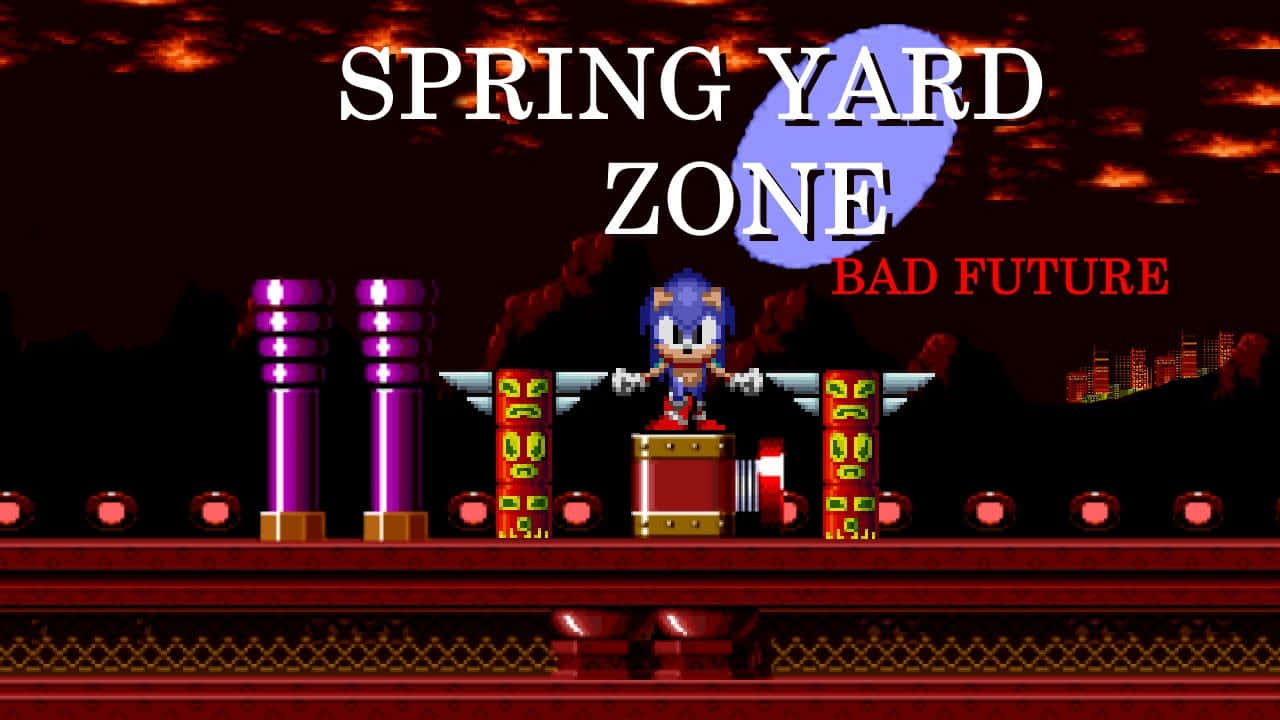  壁紙 — Sonic the Hedgehog 站在一個紅色平台上，身處一個標有「Spring Yard Zone」的像素遊戲場景，背景是火紅的橙色天空。