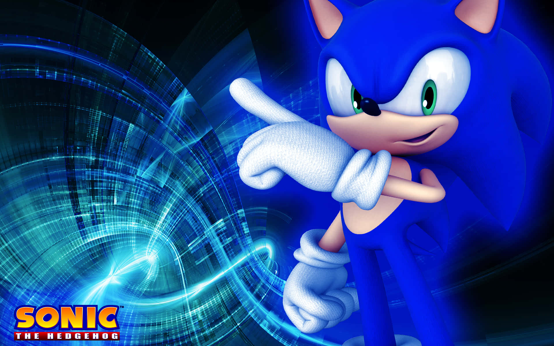 Sonic the Hedgehog 向前指，身後有發光的藍色能量旋轉。