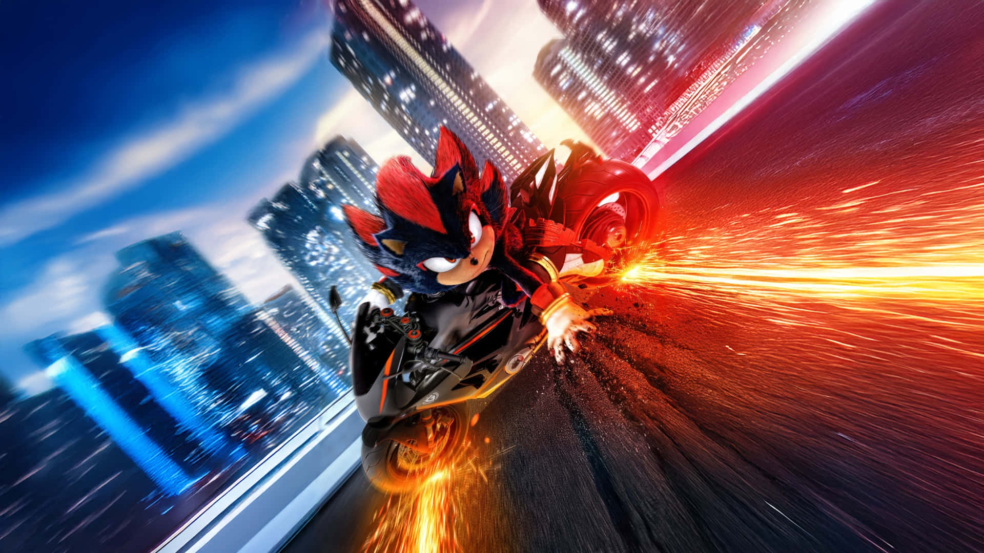  壁紙 — Sonic the Hedgehog 駕駛著一輛火焰摩托車，高速穿梭於霓虹燈點亮的城市景觀中，伴隨著動態模糊和飛濺的火花。