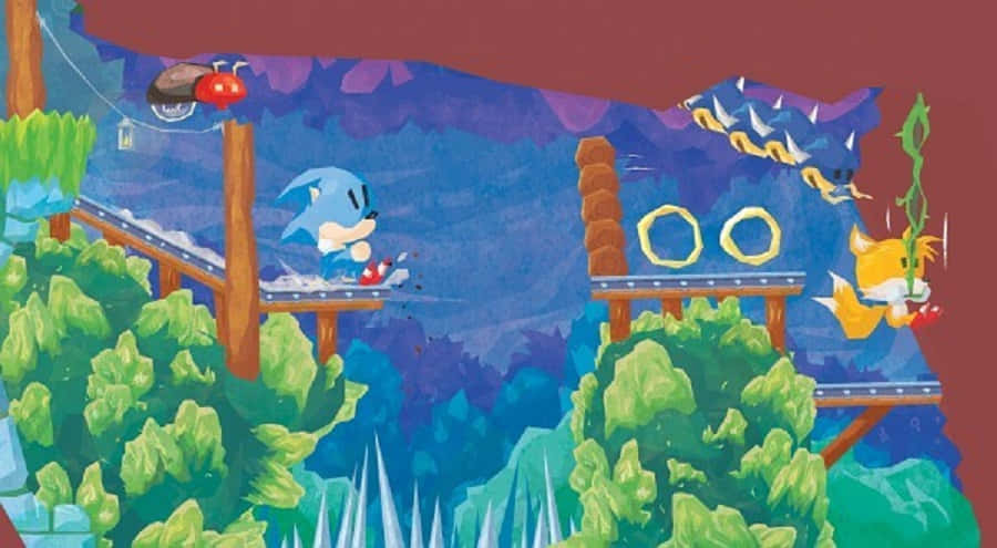 Sonic Mystic Cave Zone 桌布 壁紙 — Sonic the Hedgehog 喺一個充滿活力嘅叢林主題關卡中奔馳，Tails 喺附近飛翔，金色嘅戒指喺空中漂浮。