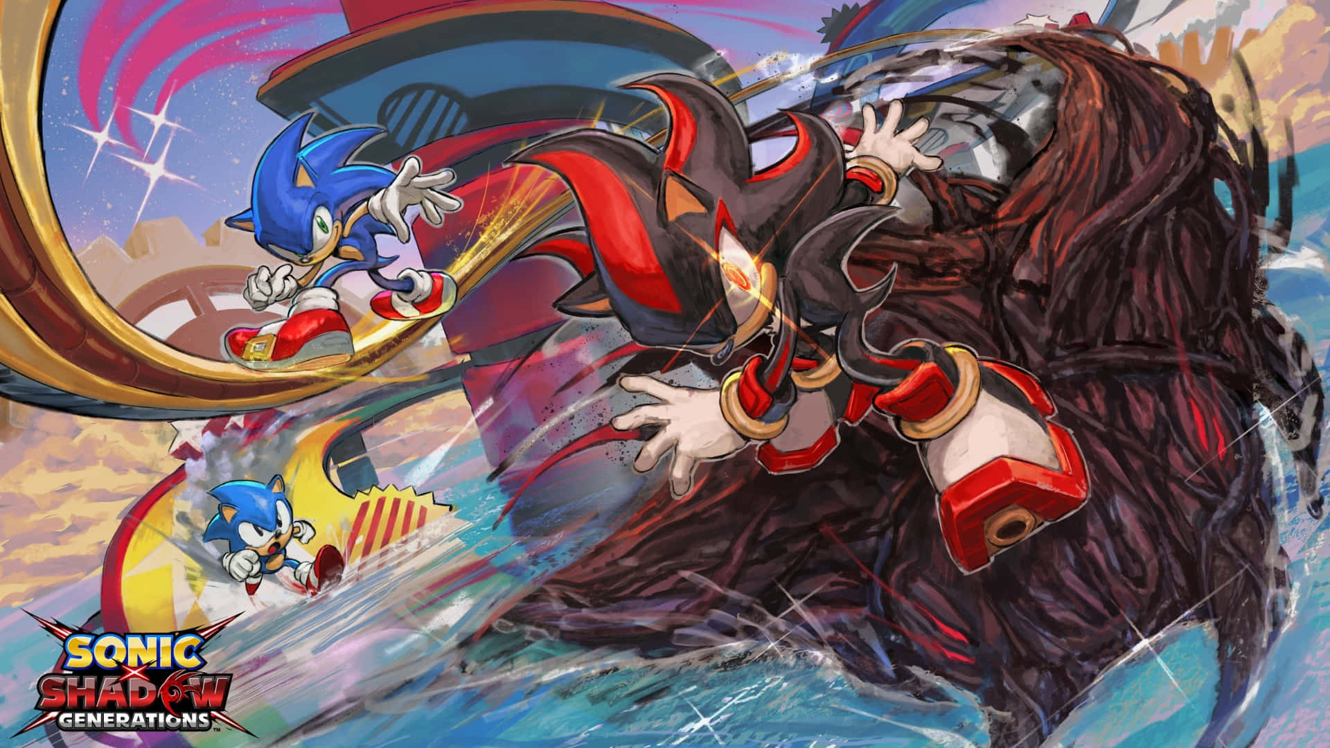  壁紙 — Sonic the Hedgehog 與 Shadow the Hedgehog 在充滿速度線和鮮豔色彩的動態動畫戰鬥場景中競速。