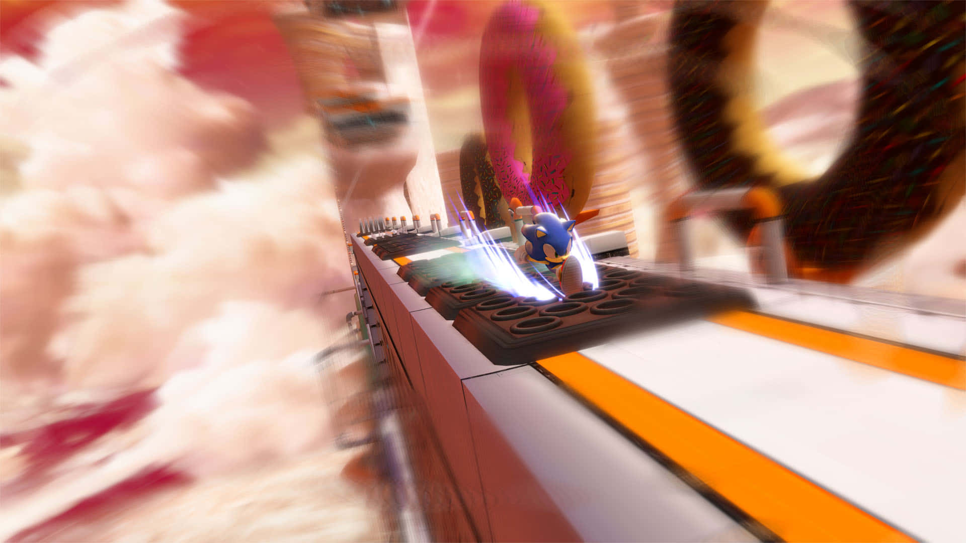 Sonic Planet Wisp 桌布 壁紙 — Sonic the Hedgehog 以高速穿過一個以糖果為主題的關卡，內有巨型冬甩和粉紅色的雲。