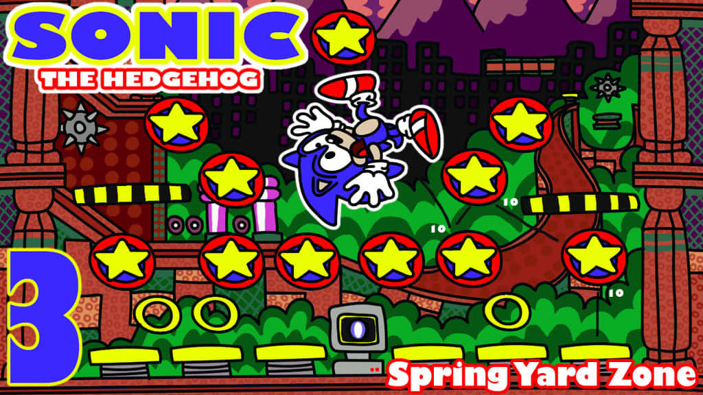  壁紙 — Sonic the Hedgehog 在 Spring Yard Zone 中飛馳，收集星星，呈現充滿活力的 2D 遊戲場景。