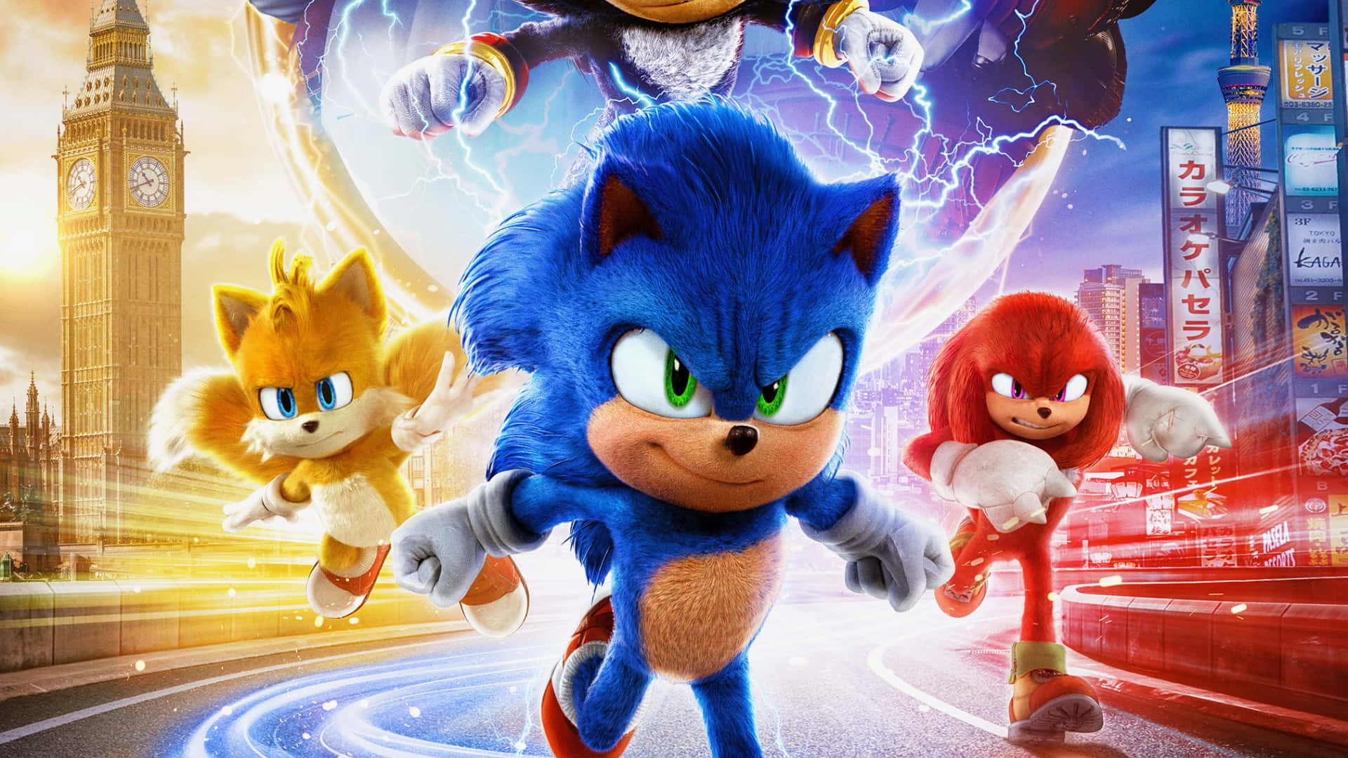  壁紙 — Sonic the Hedgehog 與 Tails 和 Knuckles 在充滿活力的倫敦街道上奔跑，大笨鐘和霓虹燈在金色夕陽下閃耀。