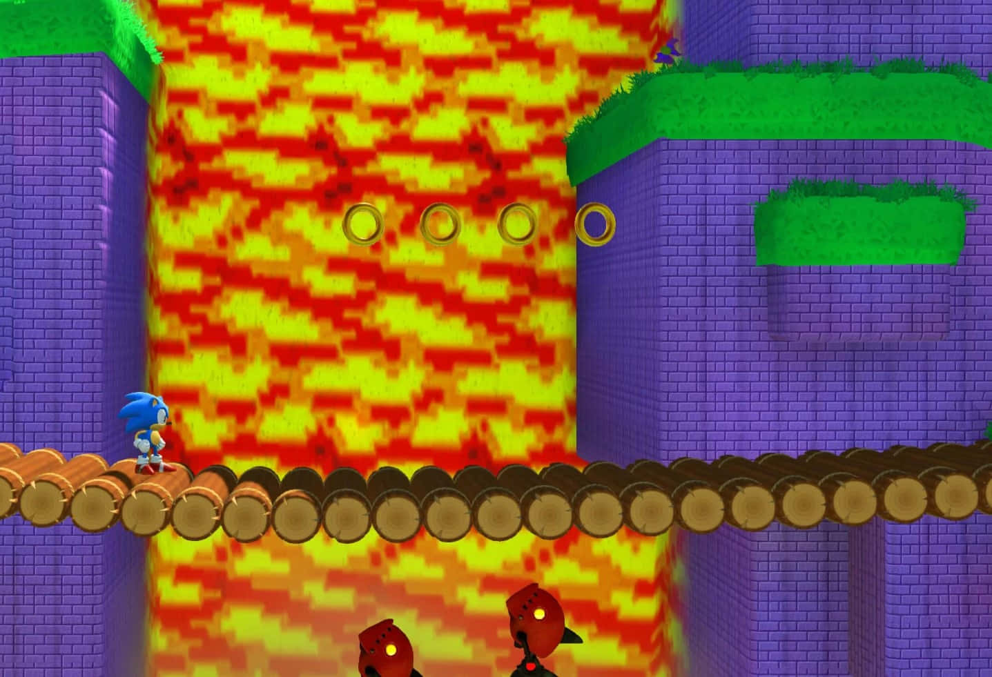  壁紙 — Sonic the Hedgehog 喺一個充滿活力嘅像素化3D遊戲關卡中，跑過一條橫跨熔岩坑嘅圓木鏈。