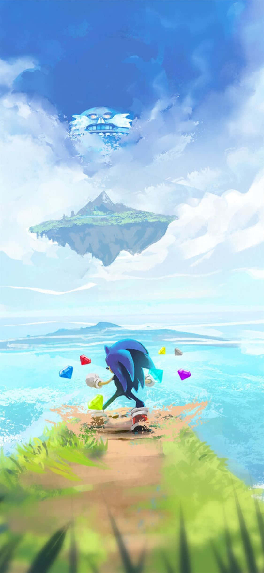 Sonic Fan Art 桌布 壁紙 — Sonic the Hedgehog 跑過長滿草的懸崖邊，朝一個上方有骷髏形狀雲朵的浮空島嶼前進。