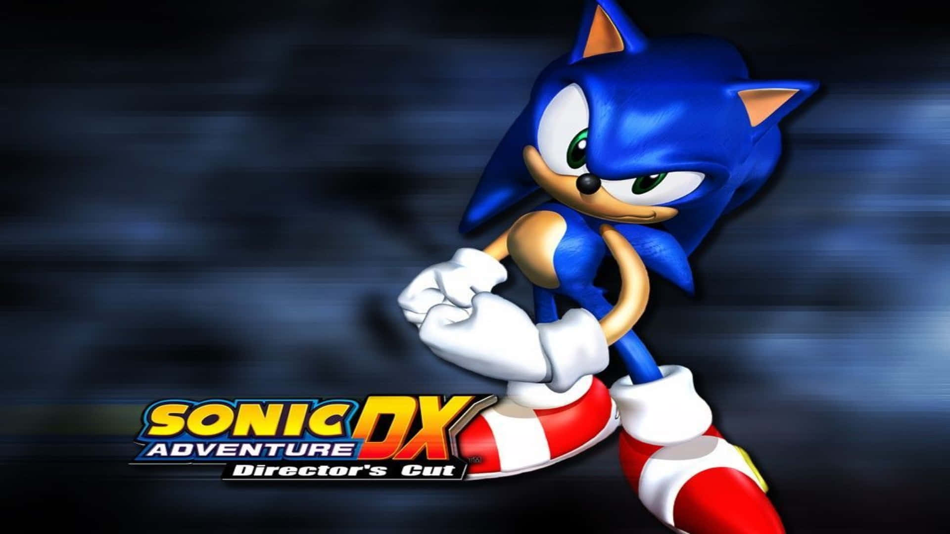 Sonic Adventure HD 桌布 壁紙 — Sonic the Hedgehog 在模糊的深藍色背景上動態奔跑，並帶有遊戲標題文字。