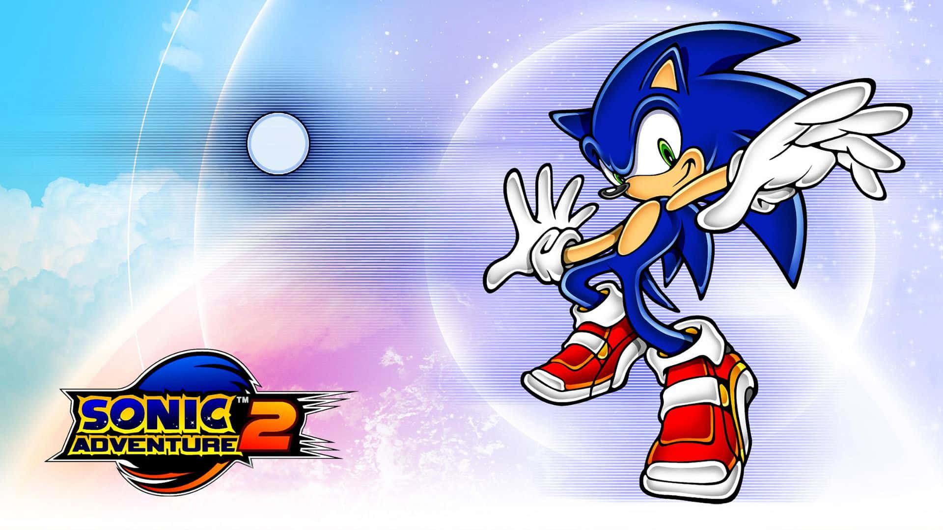  壁紙 — Sonic the Hedgehog 在發光的月亮和旋轉的雲朵的宇宙天空背景下動態奔跑。