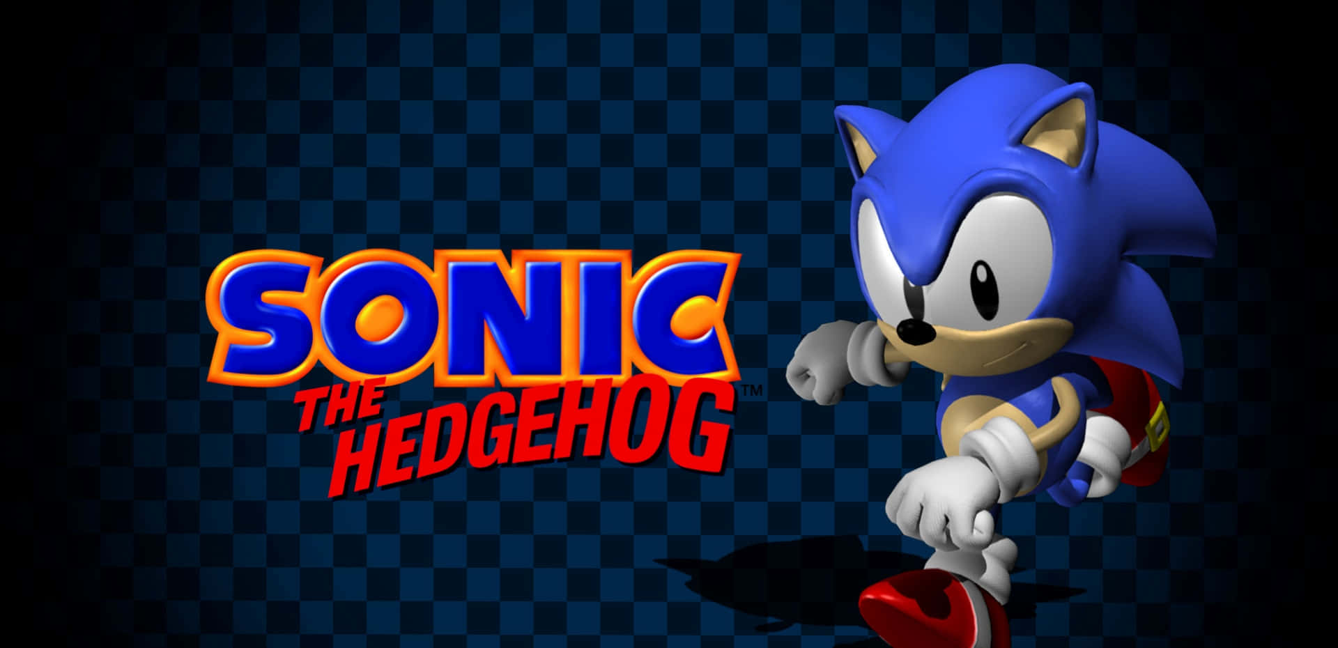 Classic Sonic 桌布 壁紙 — Sonic the Hedgehog 喺深藍色格仔背景上動態奔跑，佢嘅標誌性標誌喺佢旁邊。